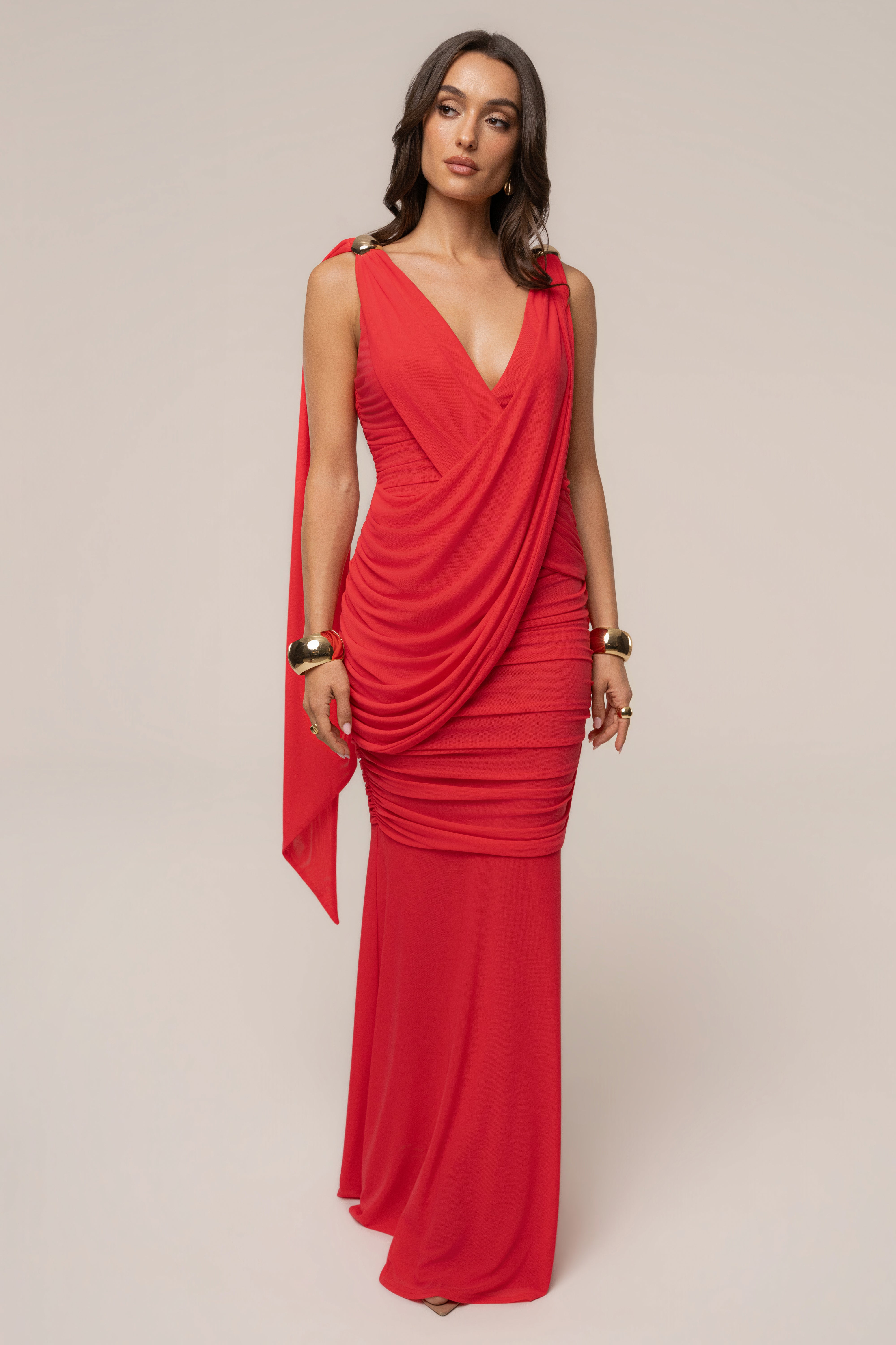 Hot coral Anastassia gold accent dress by JLUXLABEL featuring a stylish, fitted design with elegant gold detailing.