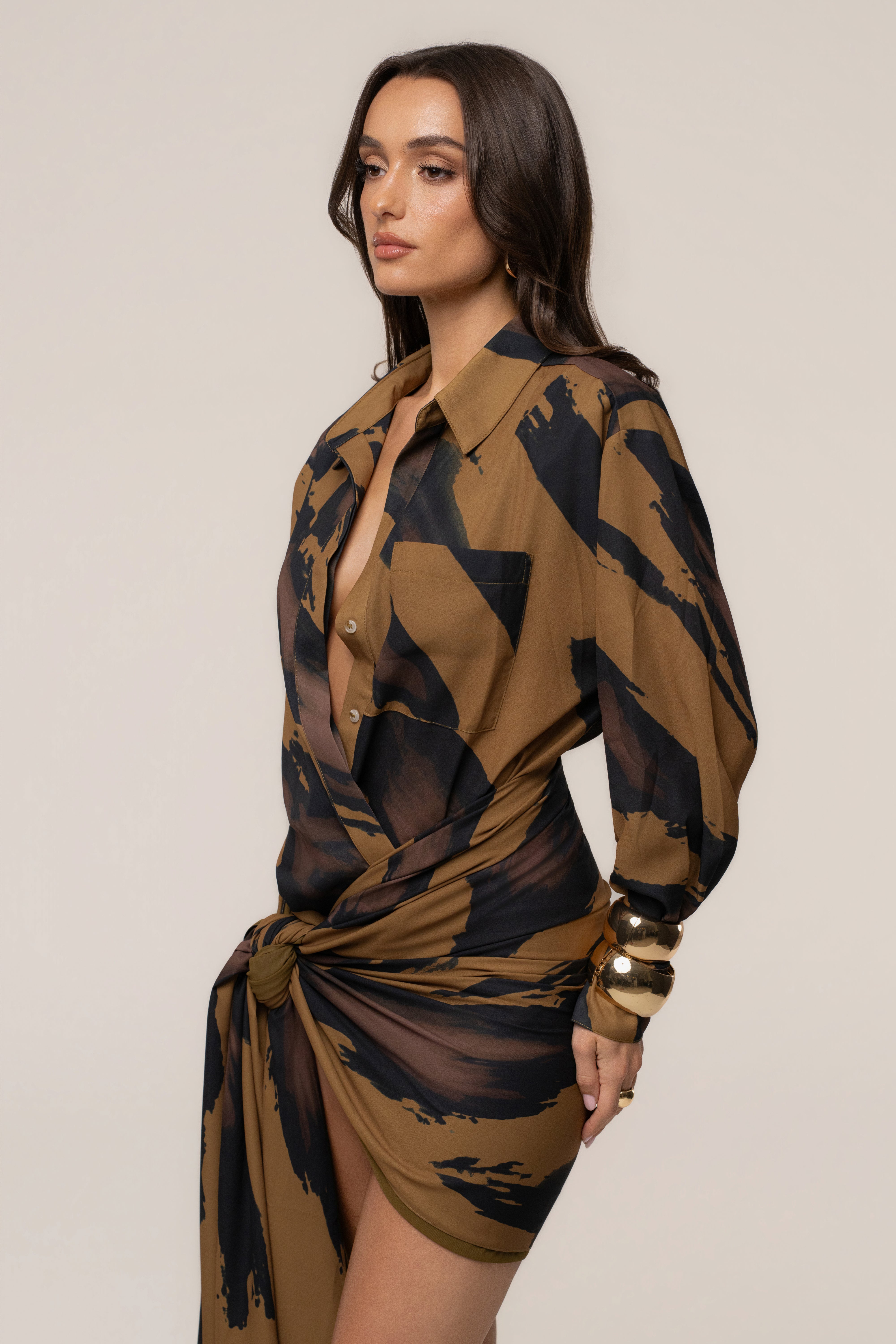 Gold Dusk Shadow Safari scarf by JLUXLABEL featuring a lightweight, patterned accessory with earthy tones and elegant fringed edges.