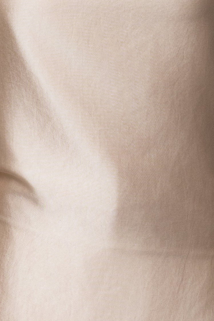 JLUXLABEL champagne roselle satin blouse, stylish tops featuring a silky fabric and elegant design, shown on a model.