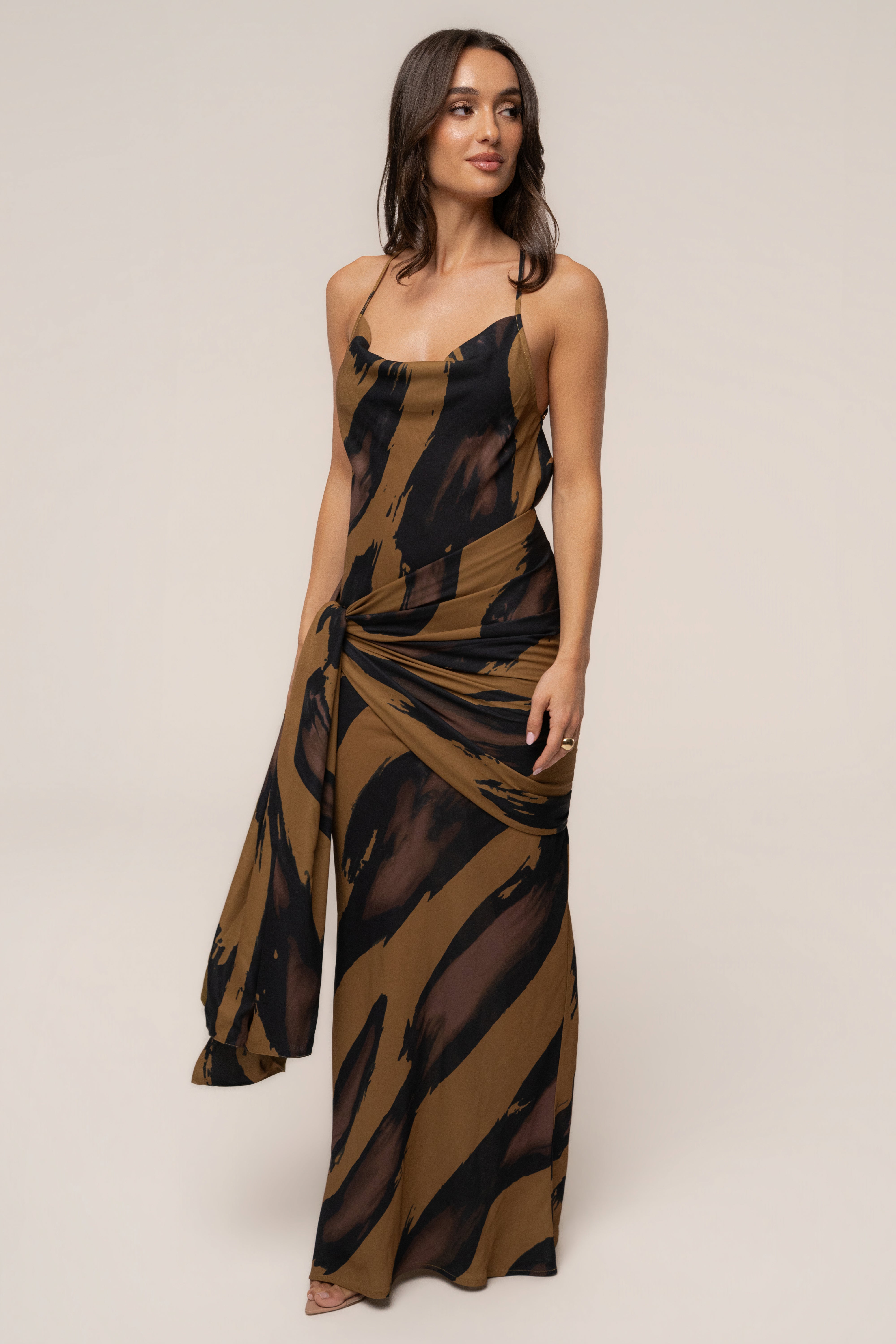 Gold Dusk Infinite Journey maxi dress by JLUXLABEL featuring flowing fabric and elegant design, perfect for formal occasions.