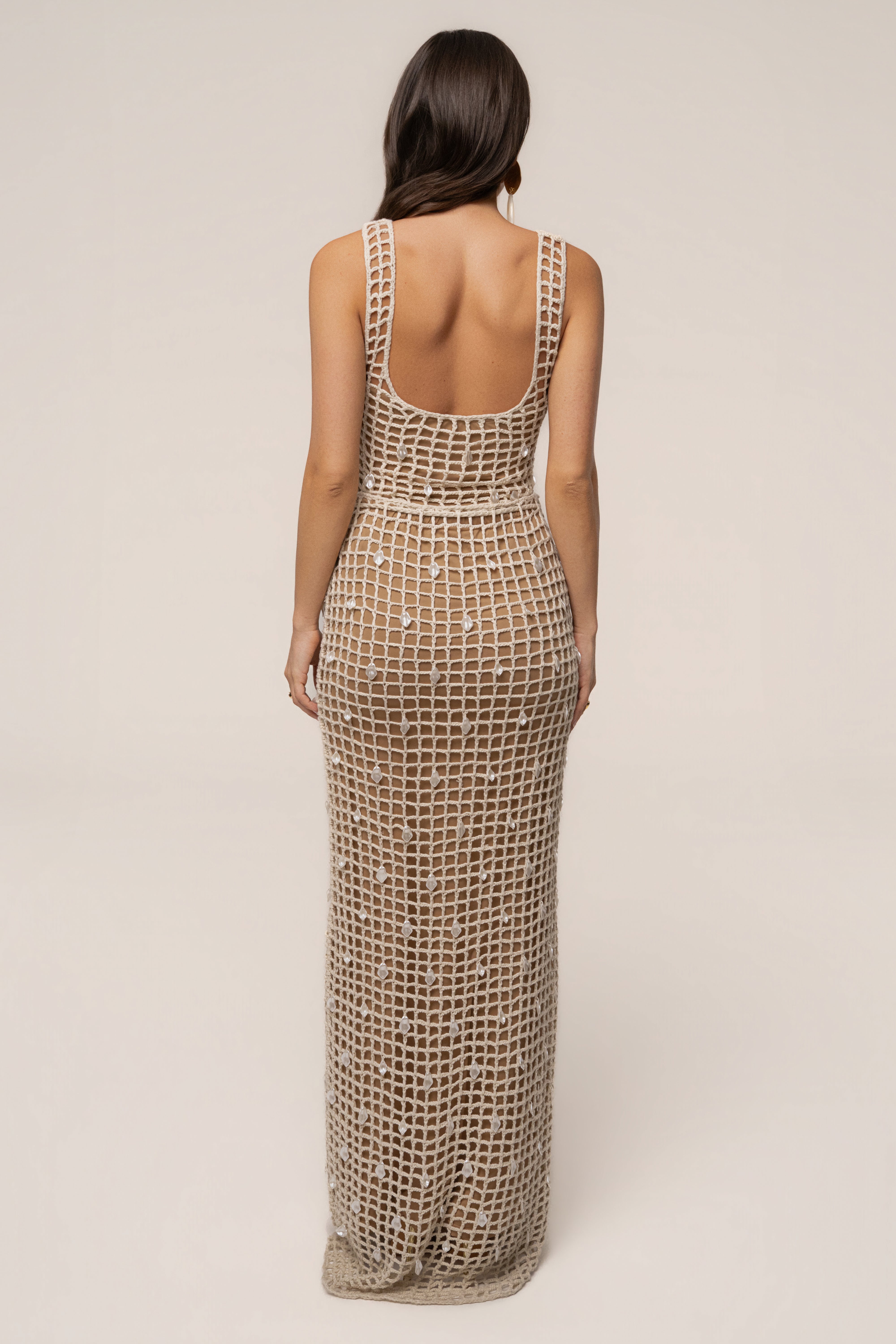 Ecru Pearl Shore crochet skirt by JLUXLABEL featuring intricate crochet design and pearl embellishments for a stylish look.