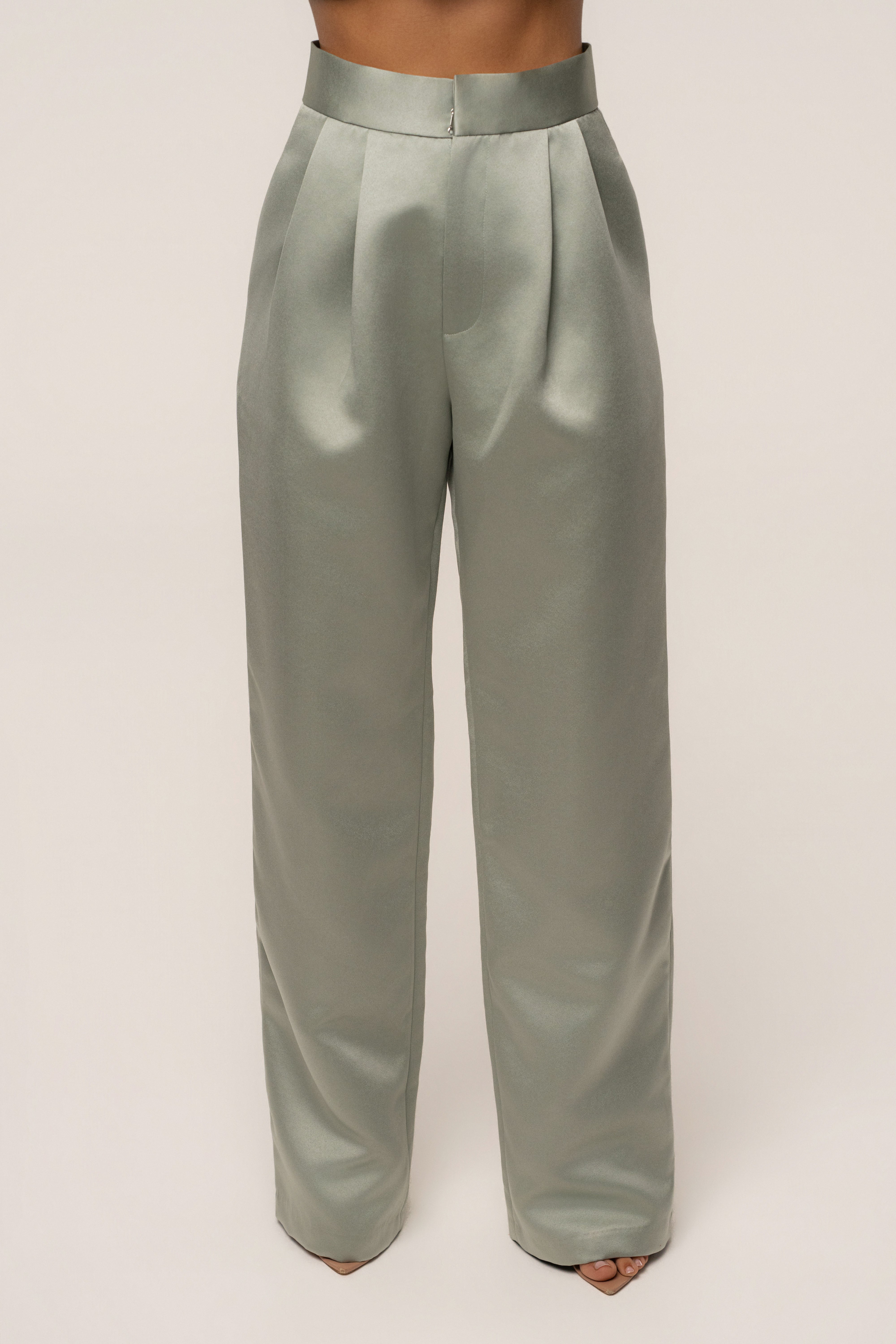 JLUXLABEL Sage City Nights satin trousers, stylish bottoms with a smooth satin finish, featuring a relaxed fit and elegant design.
