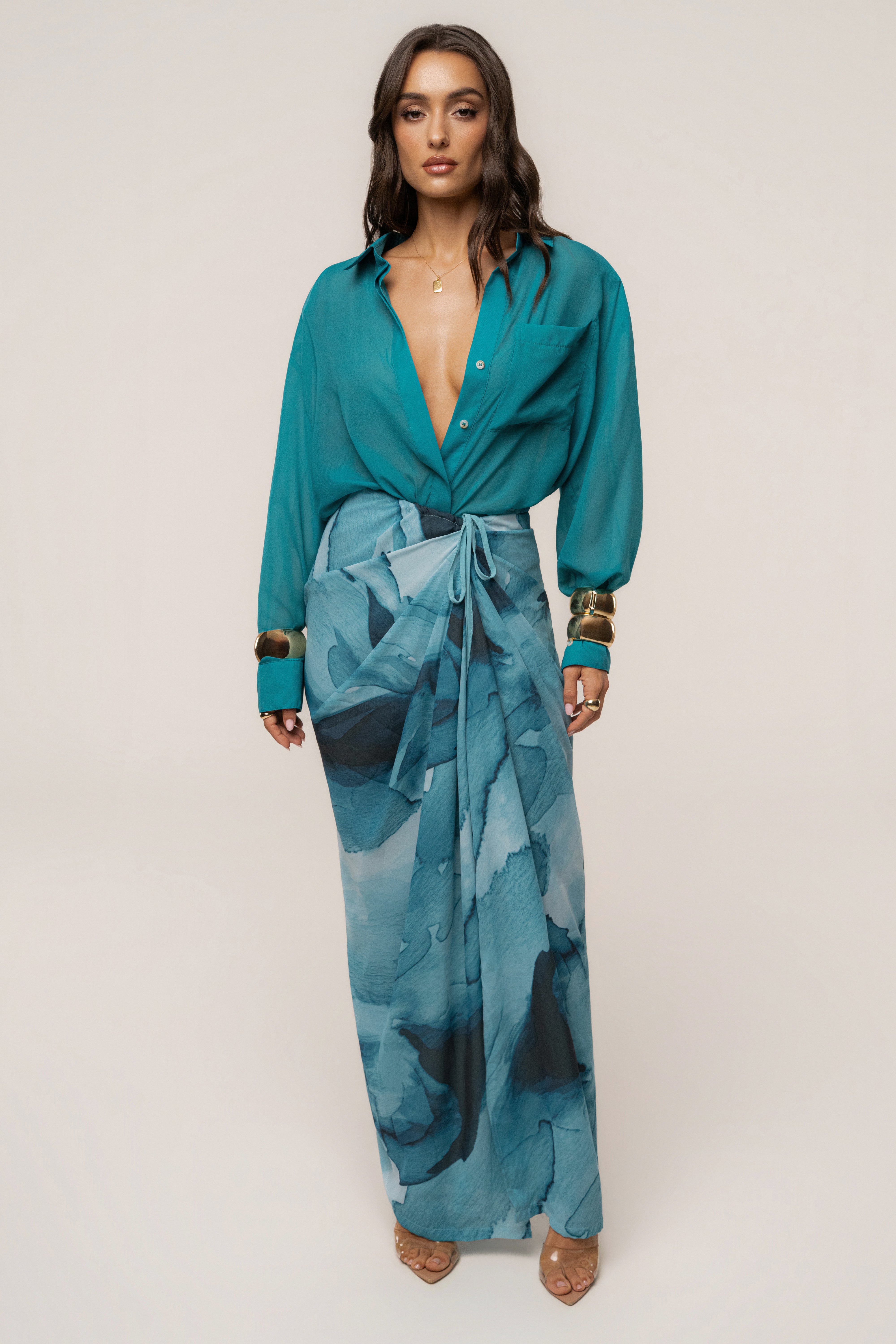 JLUXLABEL Aqua Fierce form button-down shirt, lightweight and stylish top with a collar and long sleeves, perfect for casual wear