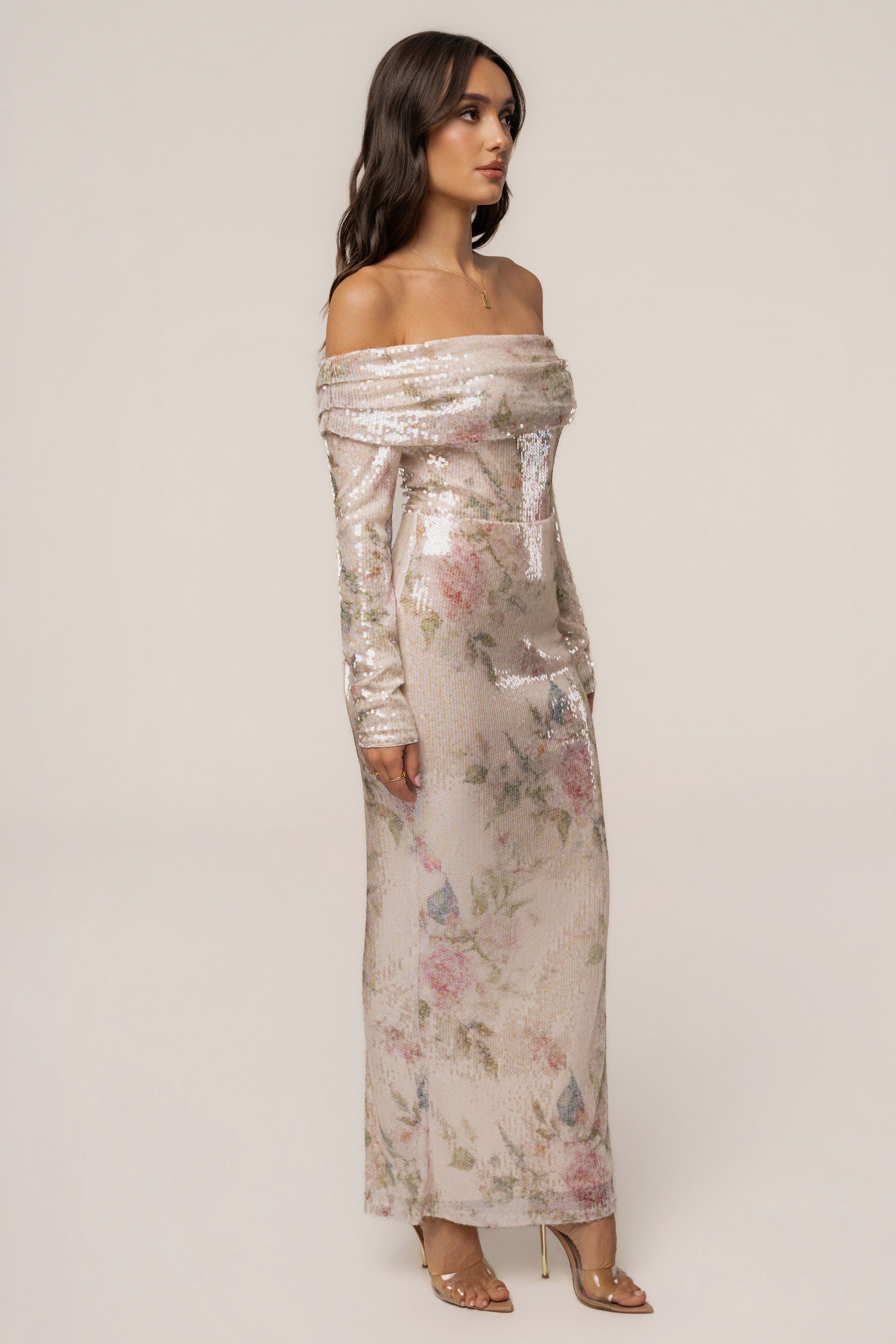 Ivory floral Villa Nights sequin bodysuit by JLUXLABEL, featuring floral embroidery and shimmering sequins, close-up view