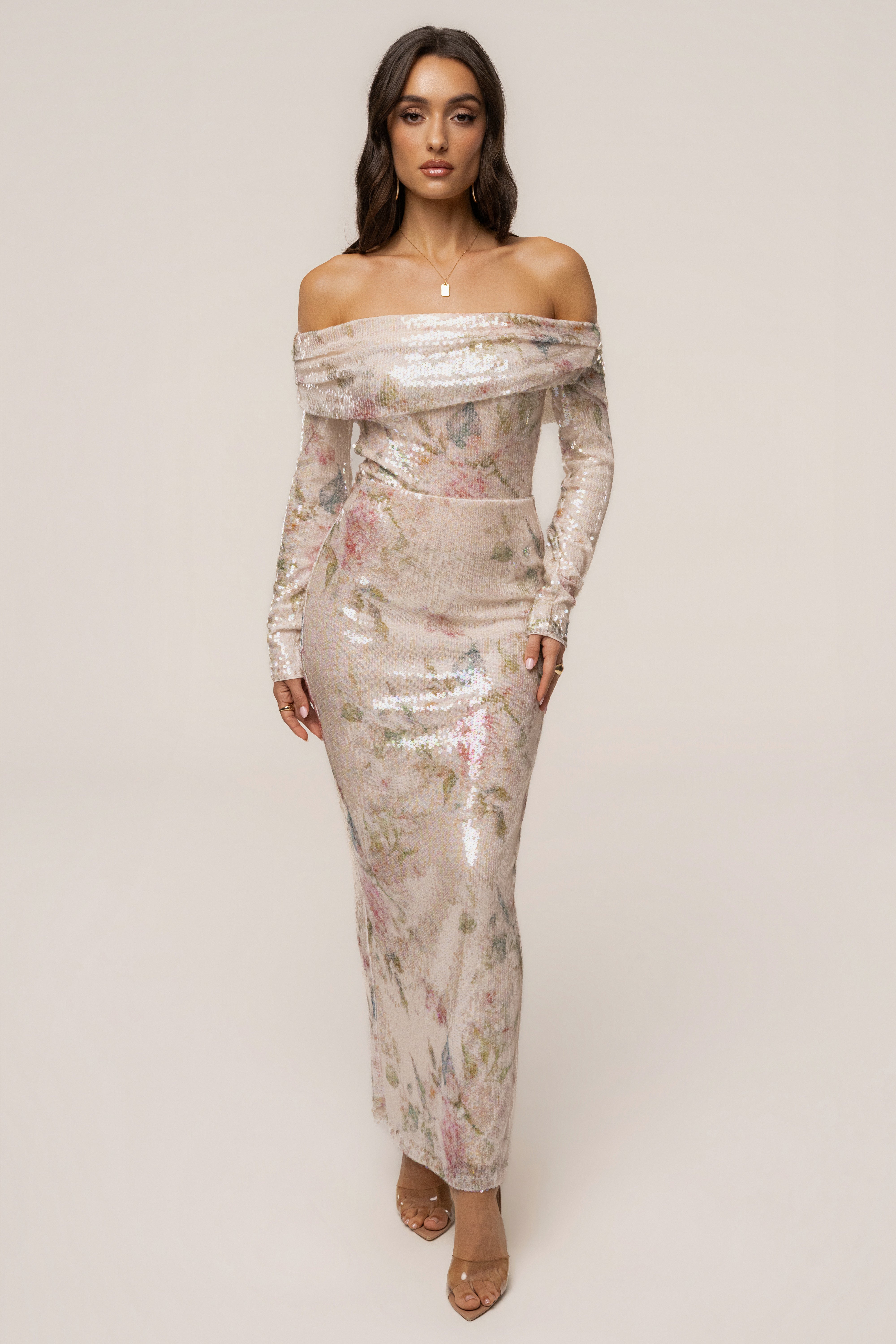 Ivory floral sequin bodysuit from JLUXLABEL Villa Nights Tops collection, featuring floral embroidery and sparkling sequins.