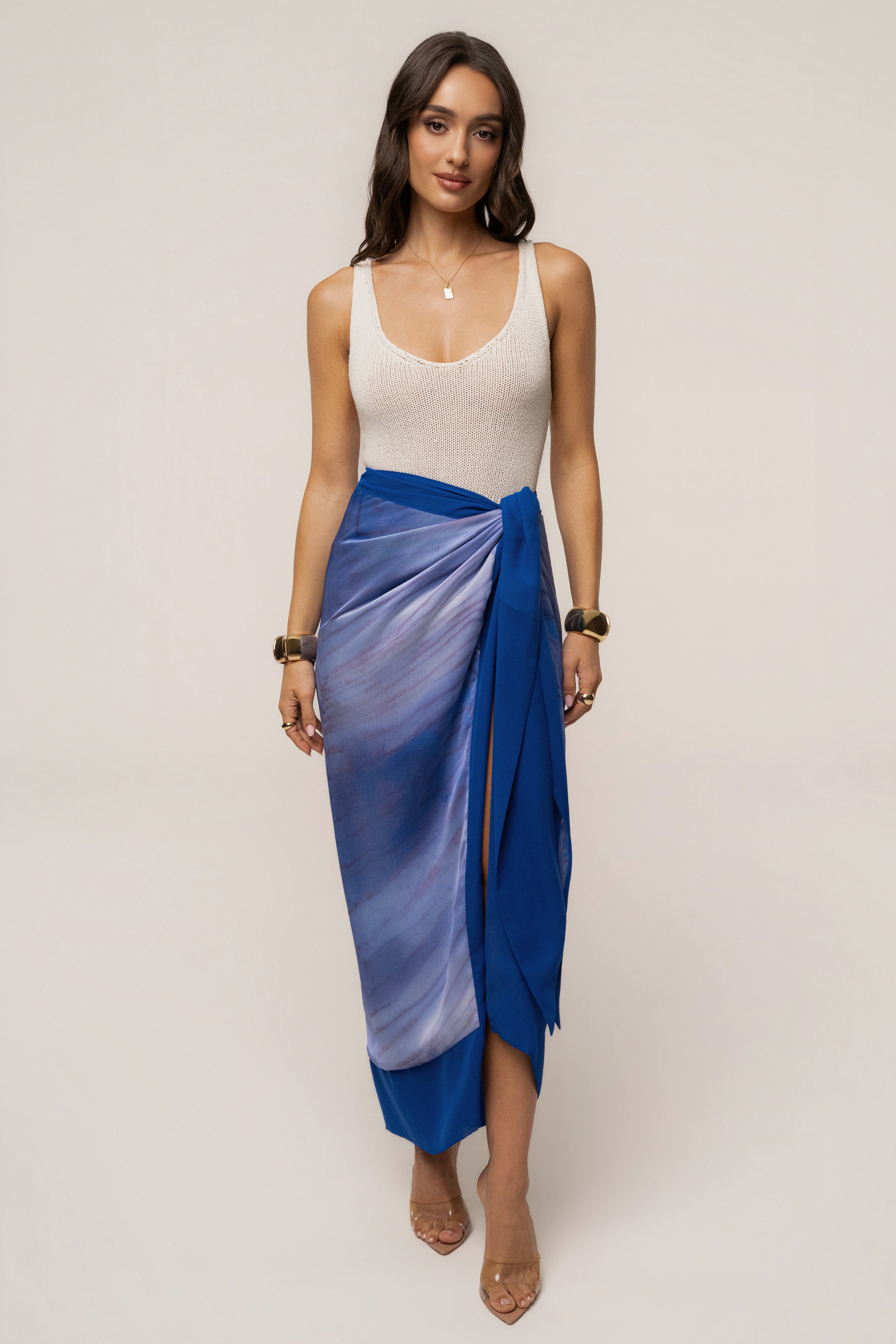 Blue Bahía wrap skirt by JLUXLABEL, featuring a flowy design and adjustable waist, perfect for casual or beachwear.