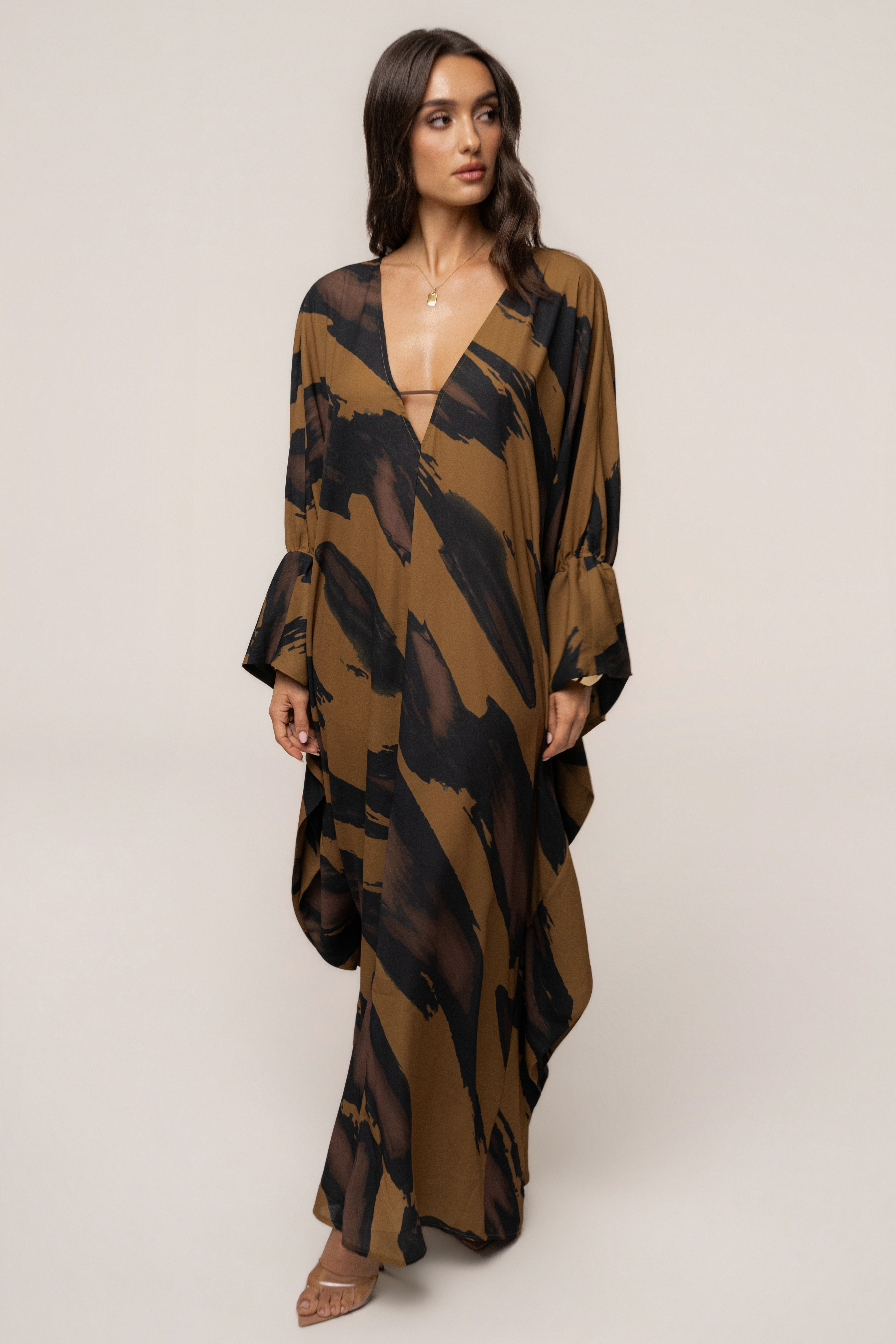 Gold Dusk Sienna sheer cover-up dress by JLUXLABEL featuring lightweight, flowy fabric and elegant design for stylish wear.