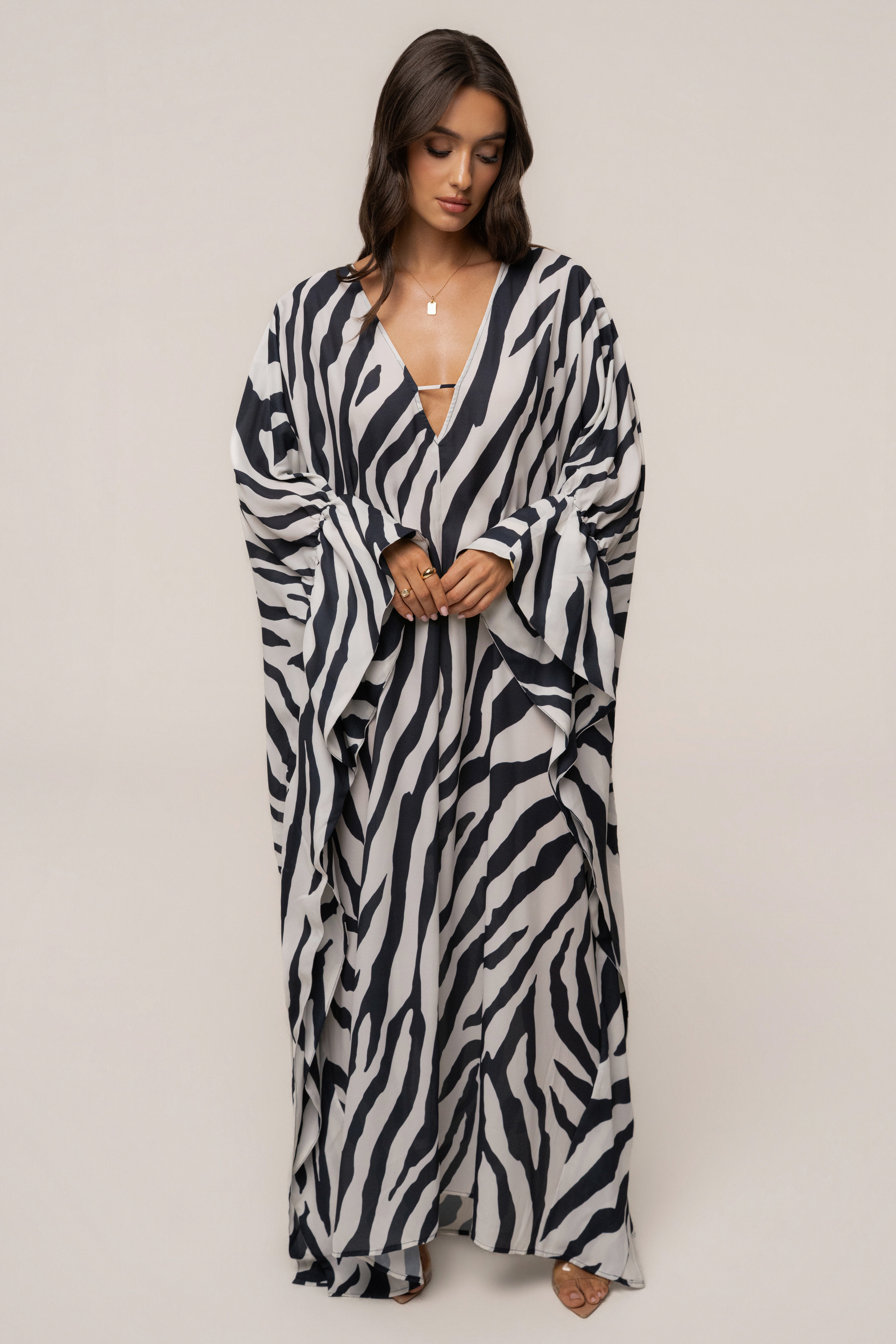 Navy zebra print Sienna sheer cover-up dress by JLUXLABEL, lightweight and flowy with a relaxed fit, perfect for beach or poolside wear.