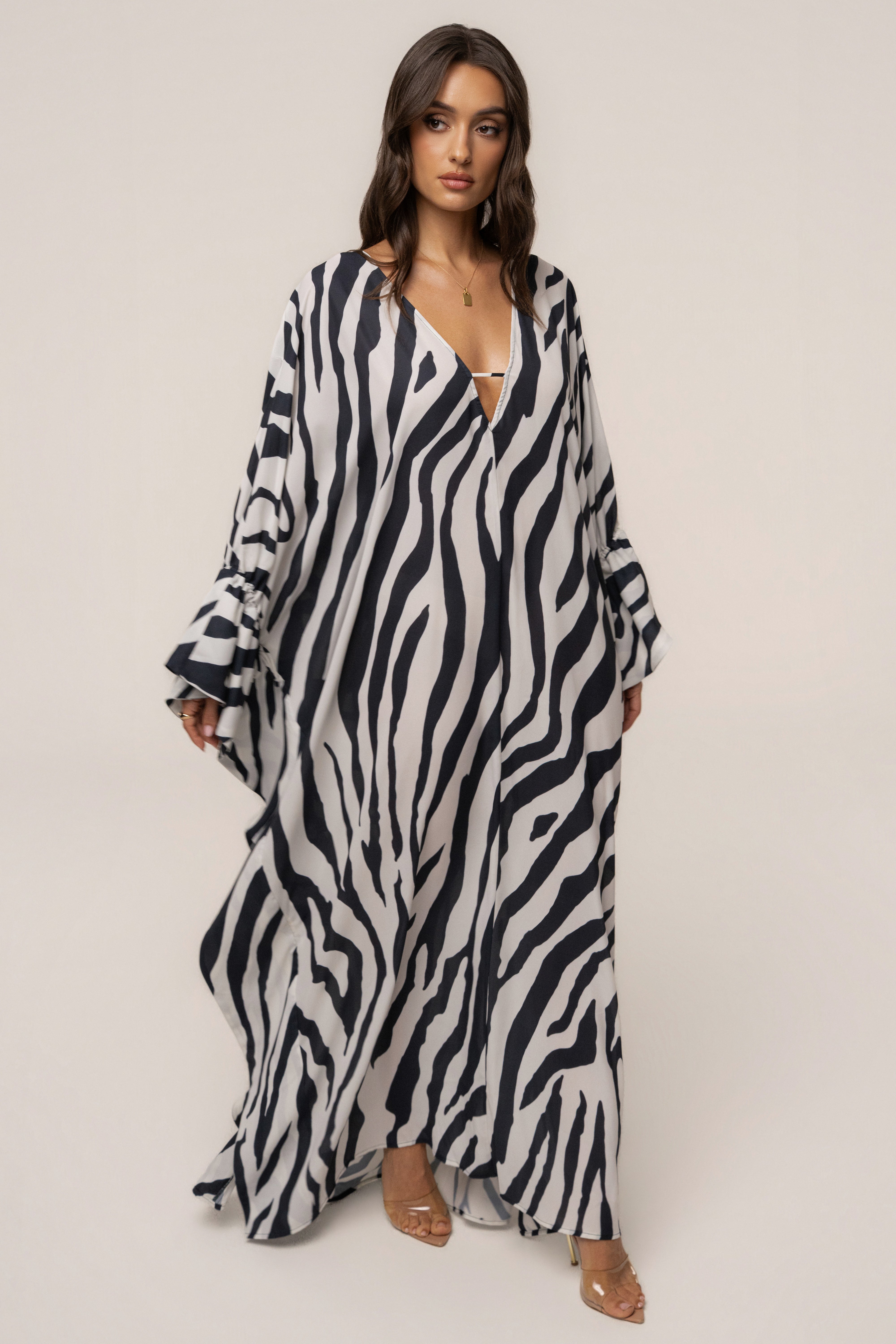 Navy zebra print Sienna sheer cover-up dress by JLUXLABEL, lightweight and flowy with a stylish, semi-transparent design.