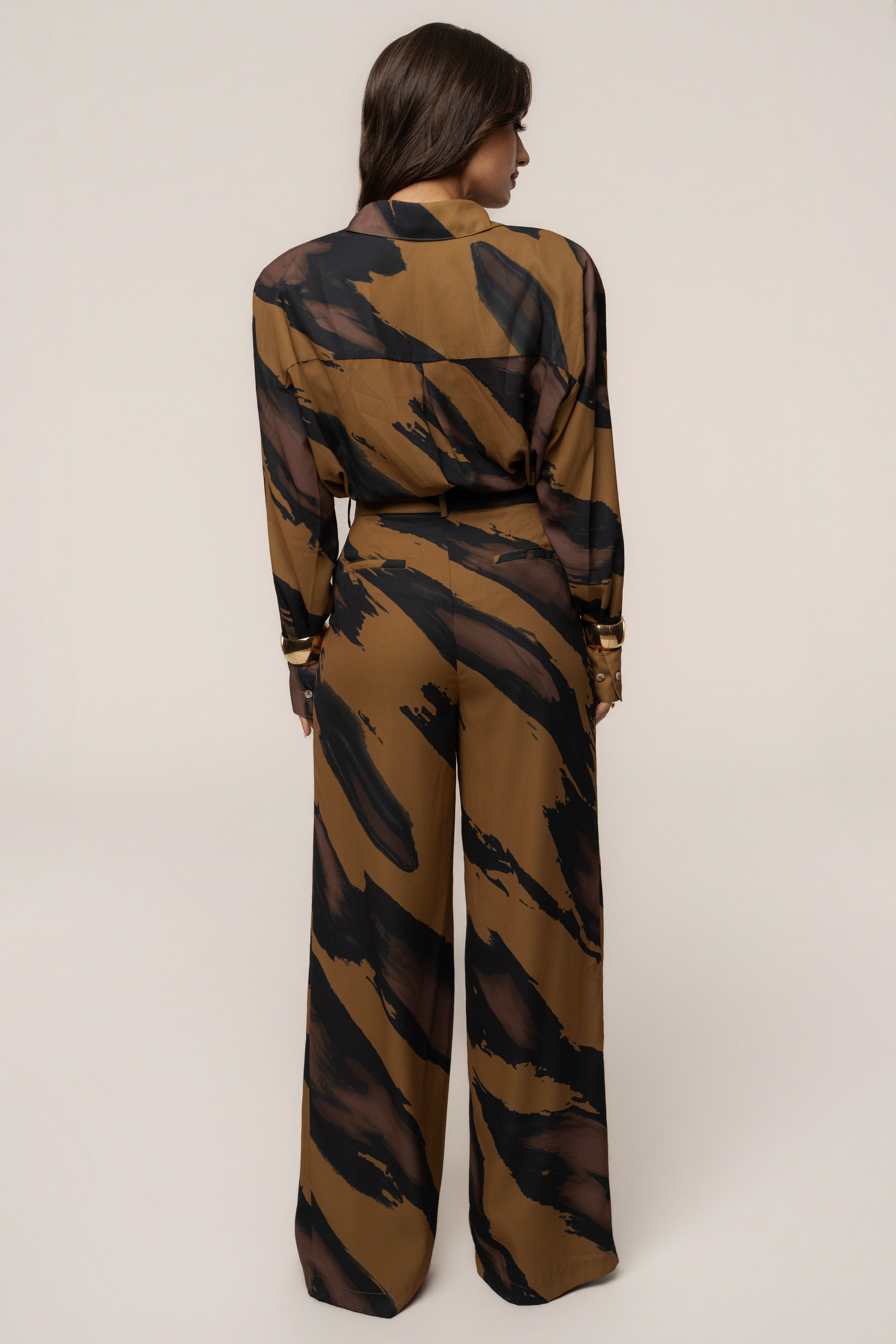 Gold Dusk Fierce Form button-down shirt from JLUXLABEL, featuring a stylish blouse with a sleek collar and long sleeves.