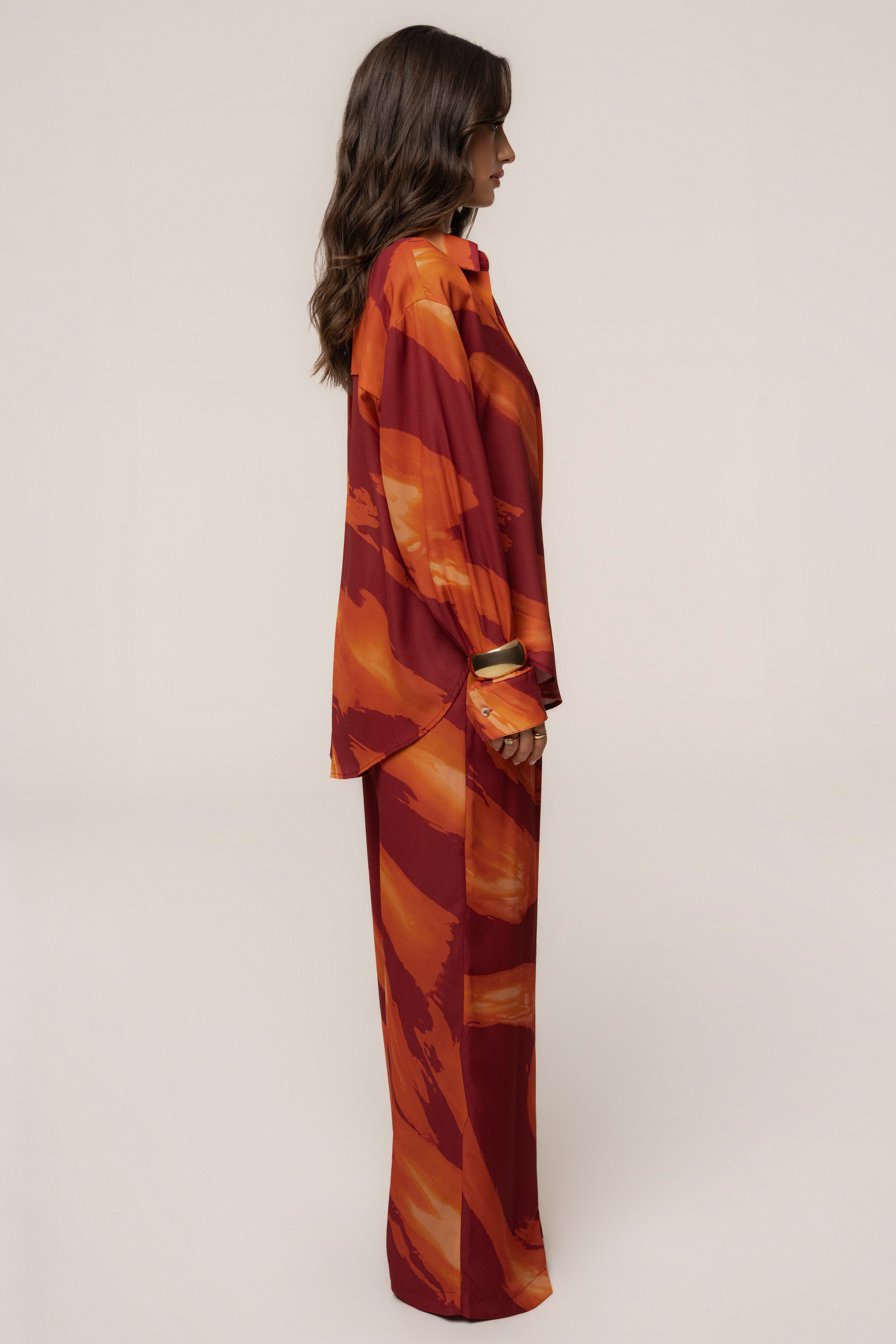 Crimson Dusk Fierce Form button-down shirt by JLUXLABEL, featuring a stylish red tops design with a classic collar and long sleeves.