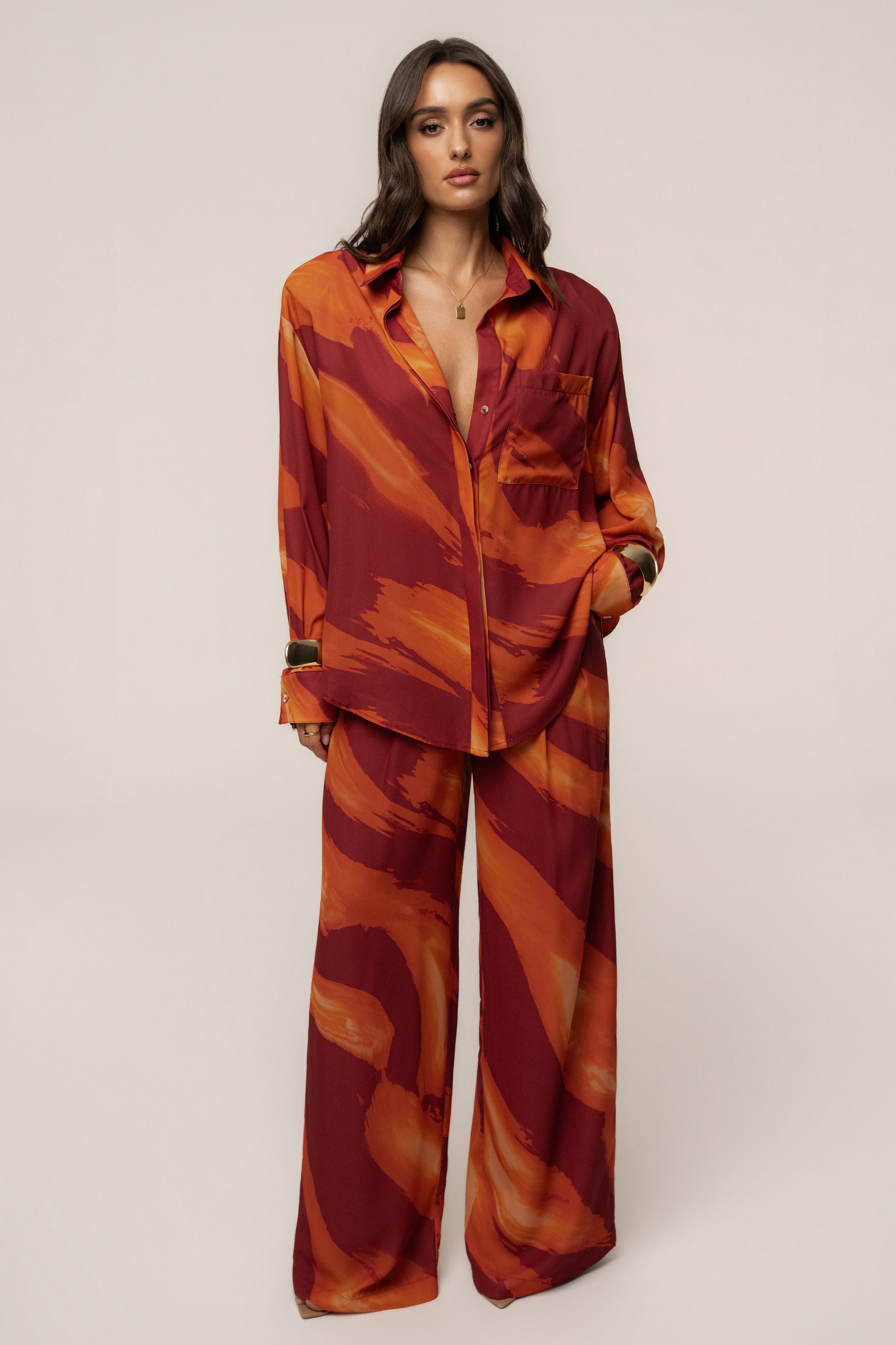 Crimson Dusk Fierce Form button-down shirt by JLUXLABEL, featuring a stylish top with a vibrant crimson color and tailored fit.