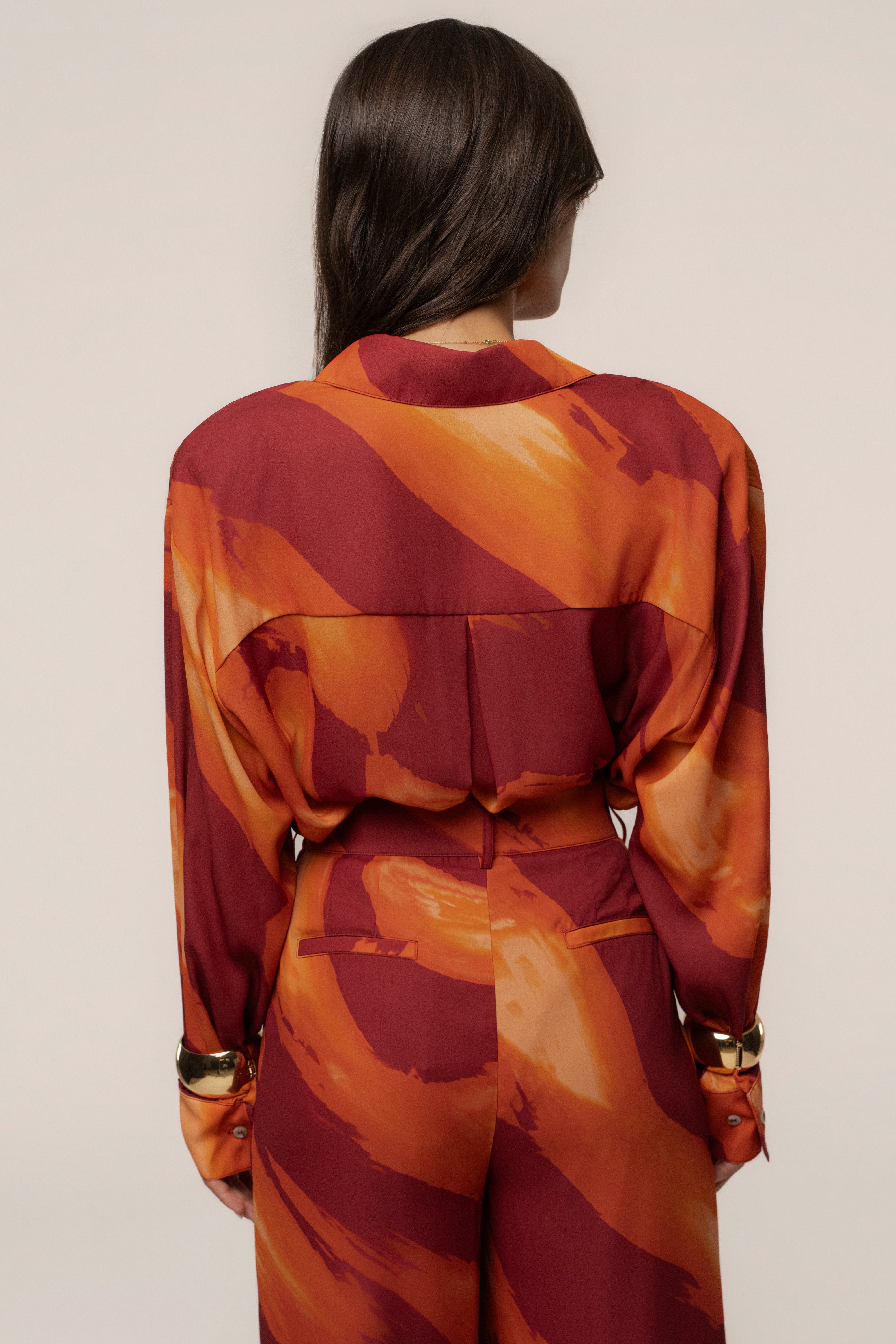 Crimson Dusk Fierce Form button-down shirt by JLUXLABEL, featuring a stylish tops design with a vibrant red color and classic collar.