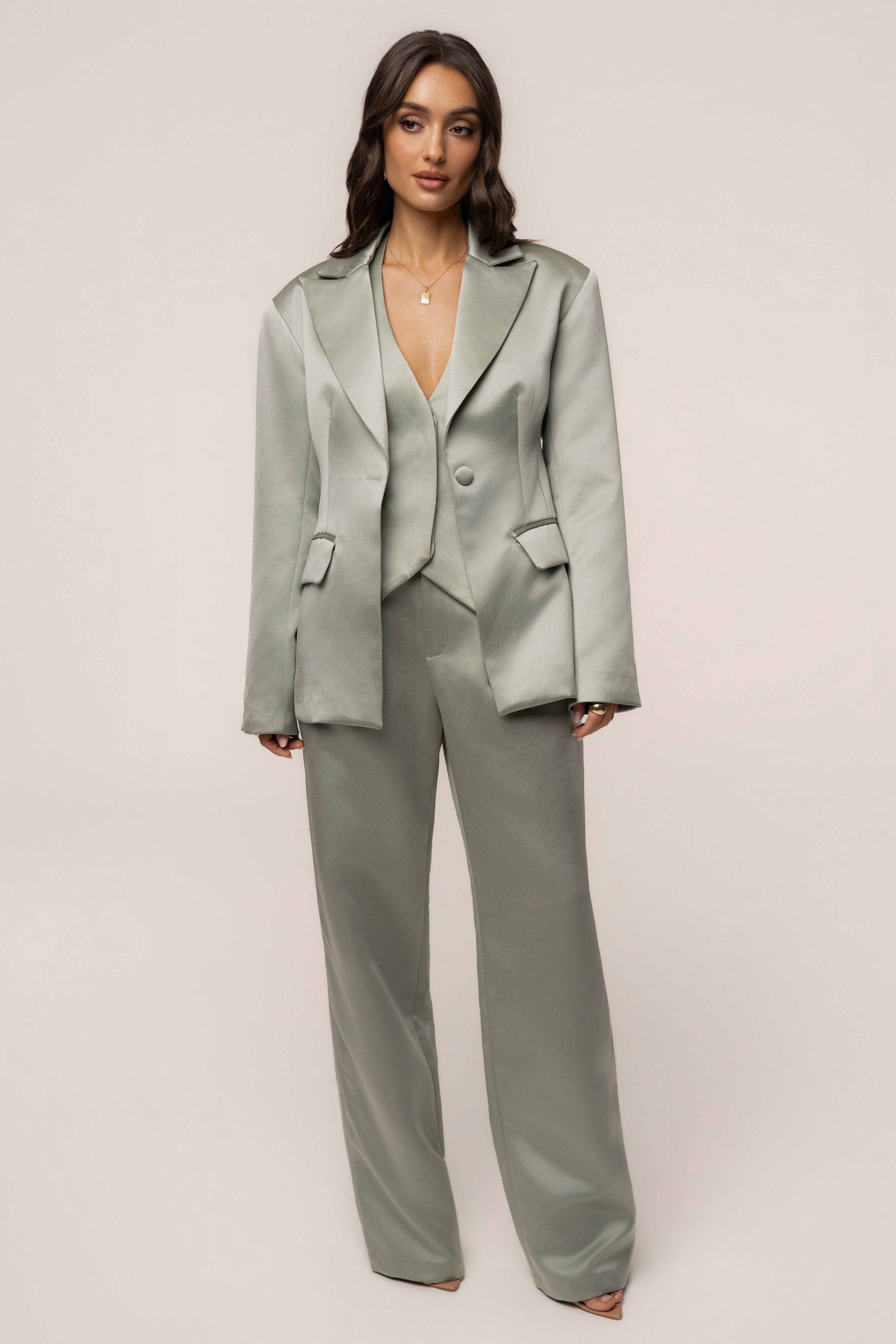 Sage Victoria Satin Blazer by JLUXLABEL, stylish satin outerwear with a tailored fit and elegant collar, displayed on a neutral background.