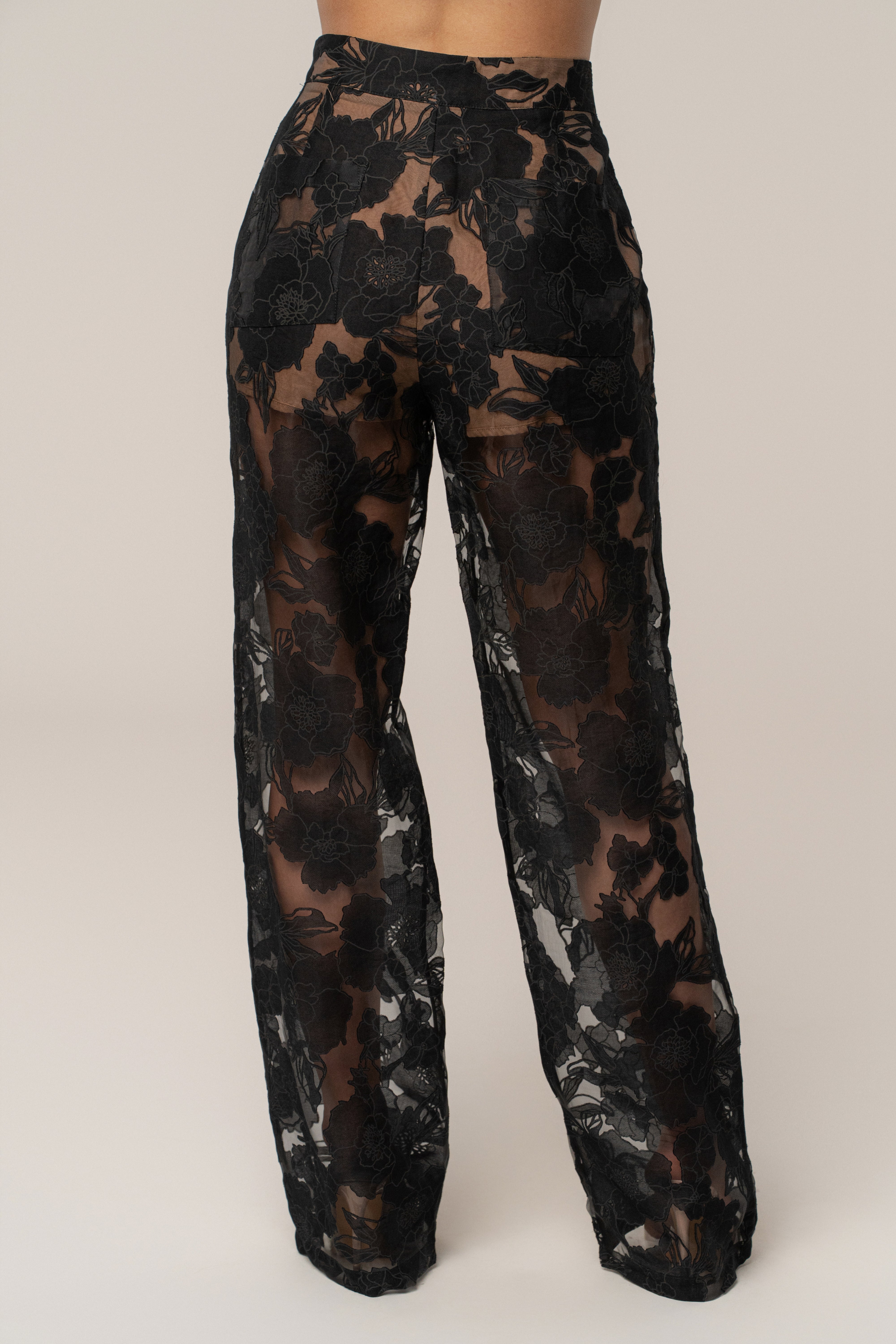 Black Organza Floral Pant - JLUXLABEL