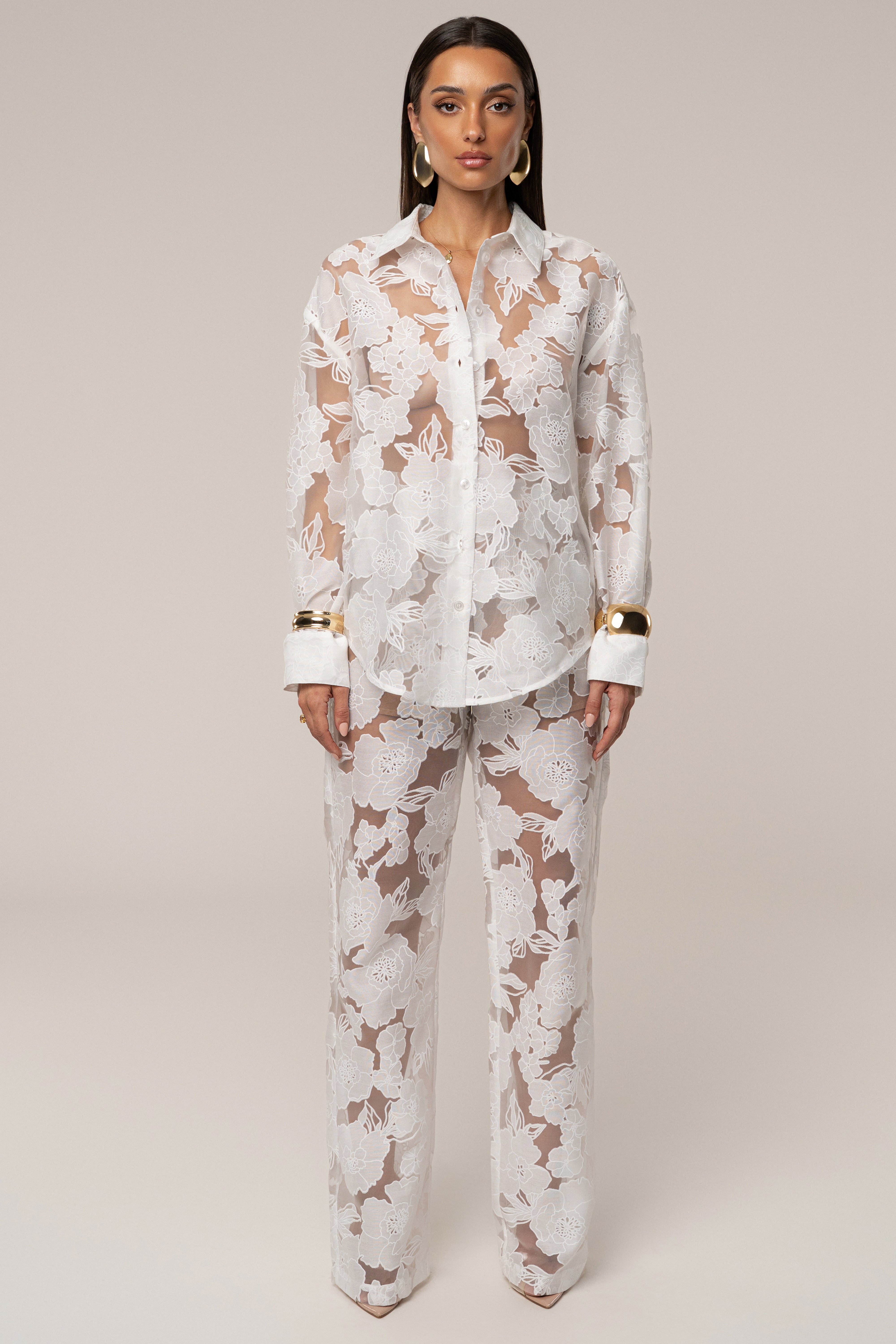 Ivory Organza Floral Pant - JLUXLABEL