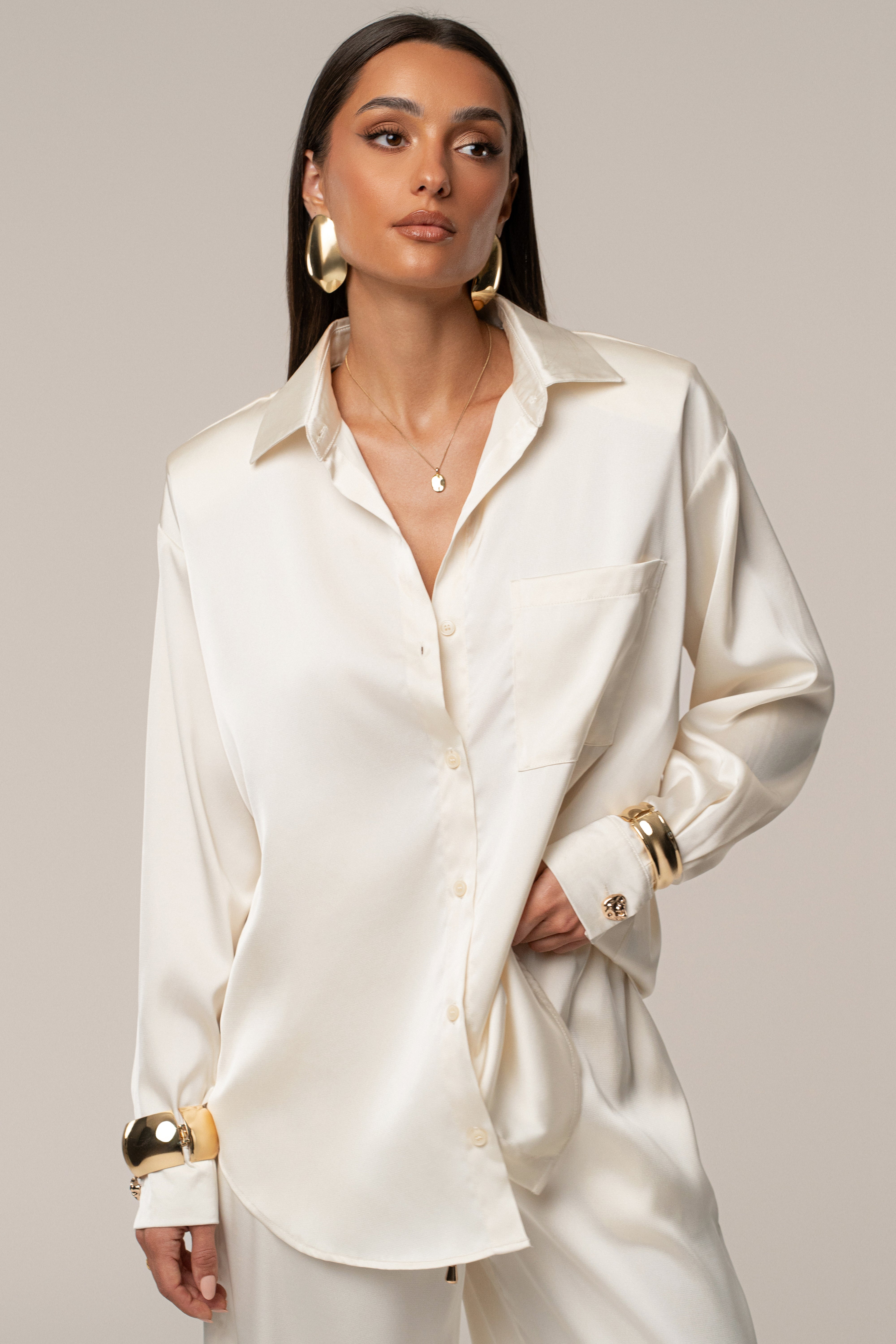 Ivory Island Ease Collared Satin Top - JLUXLABEL
