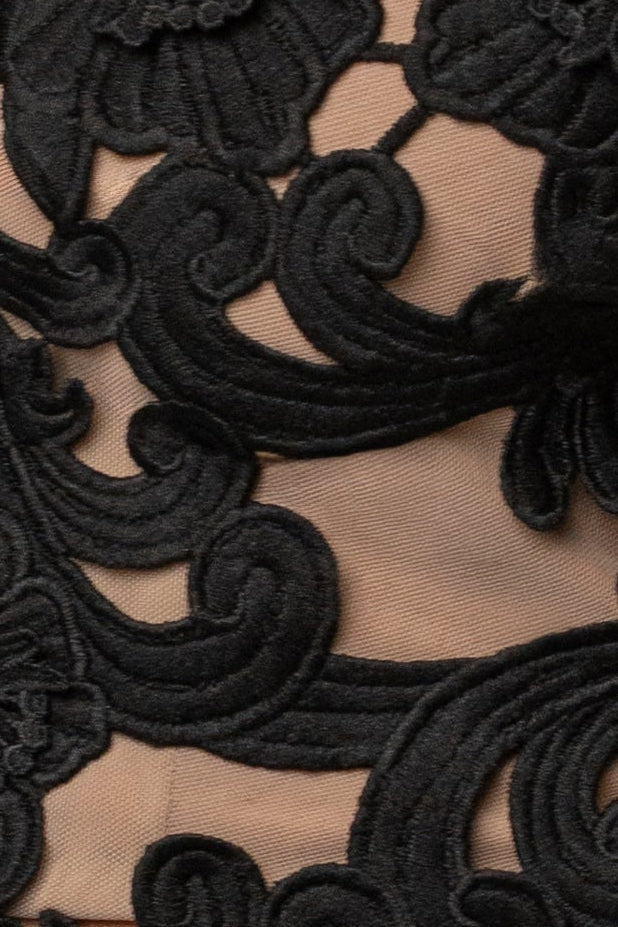 Black Anahi embroidered top by JLUXLABEL, featuring intricate embroidery and a stylish design, displayed on a hanger.