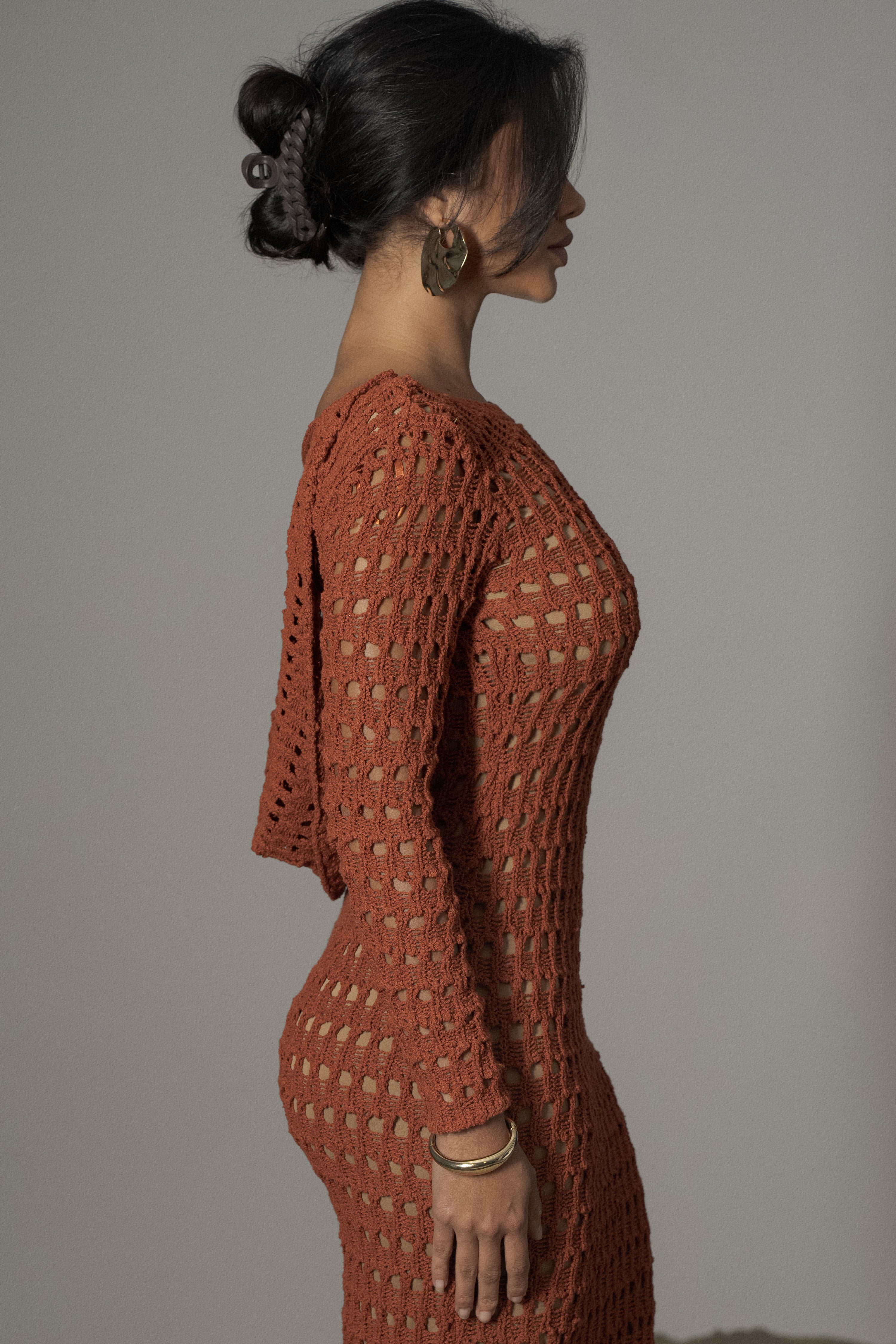 Dark Terra Cotta Serene Wonders Crochet Dress - JLUXLABEL