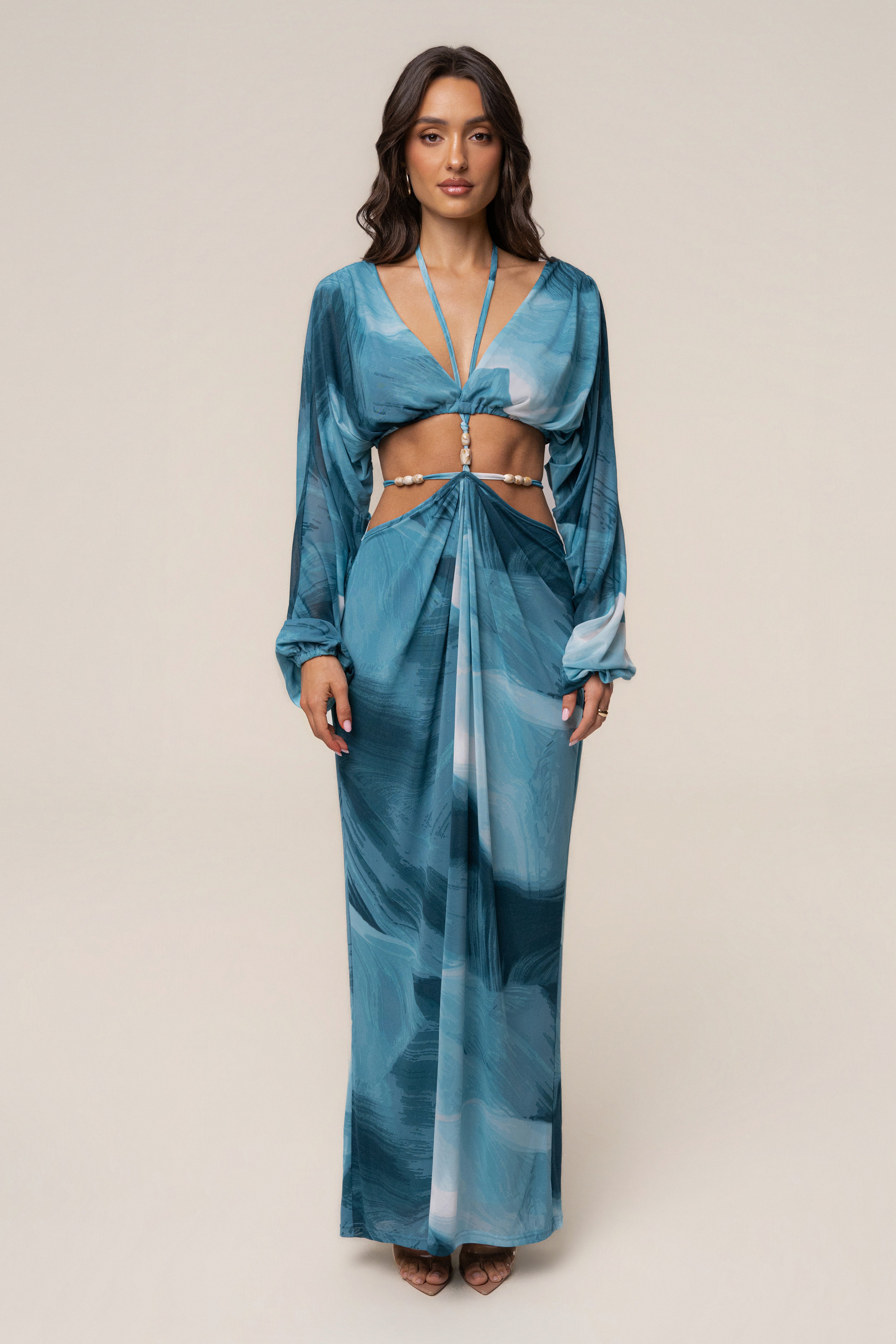 Sunset Blue Selene Draped Top by JLUXLABEL, stylish women's blouse with elegant draping in vibrant sunset blue color.