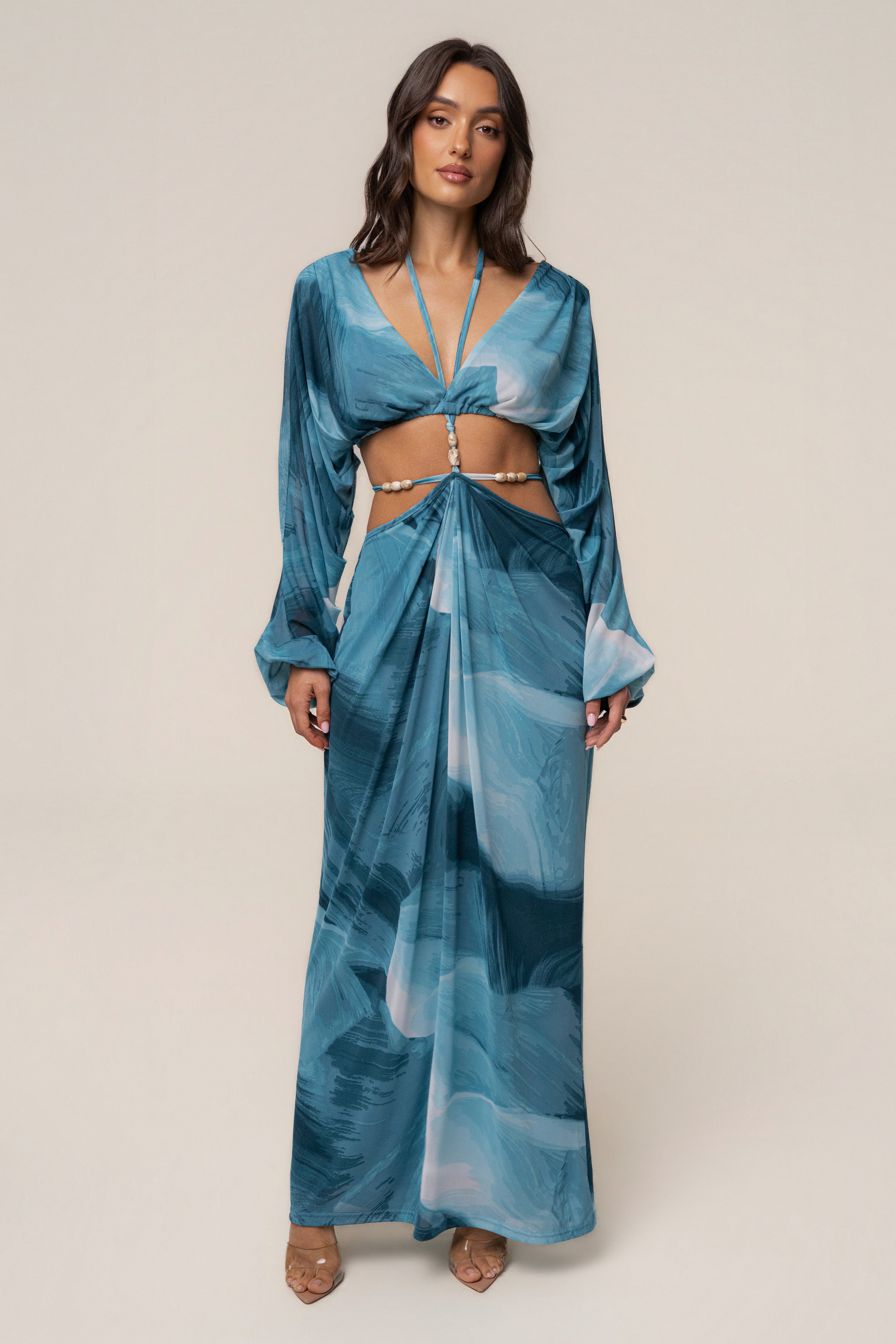 Sunset Blue Selene Draped Top by JLUXLABEL, featuring a flowy, elegant design with draped fabric and adjustable straps.