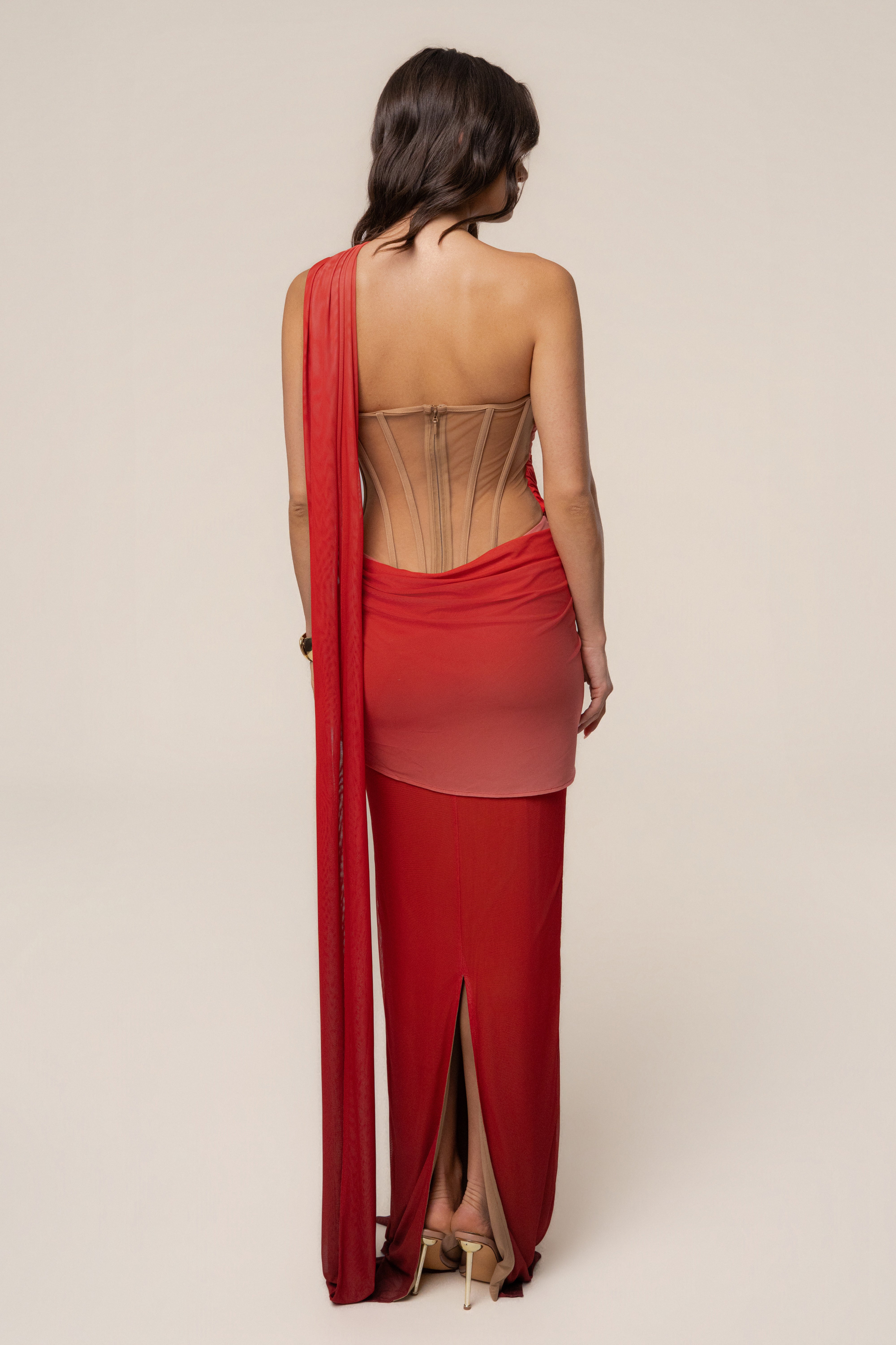 JLUXLABEL Terra Sol Empress of Hearts mesh gown, elegant dress with intricate detailing and flowing fabric, shown on model.