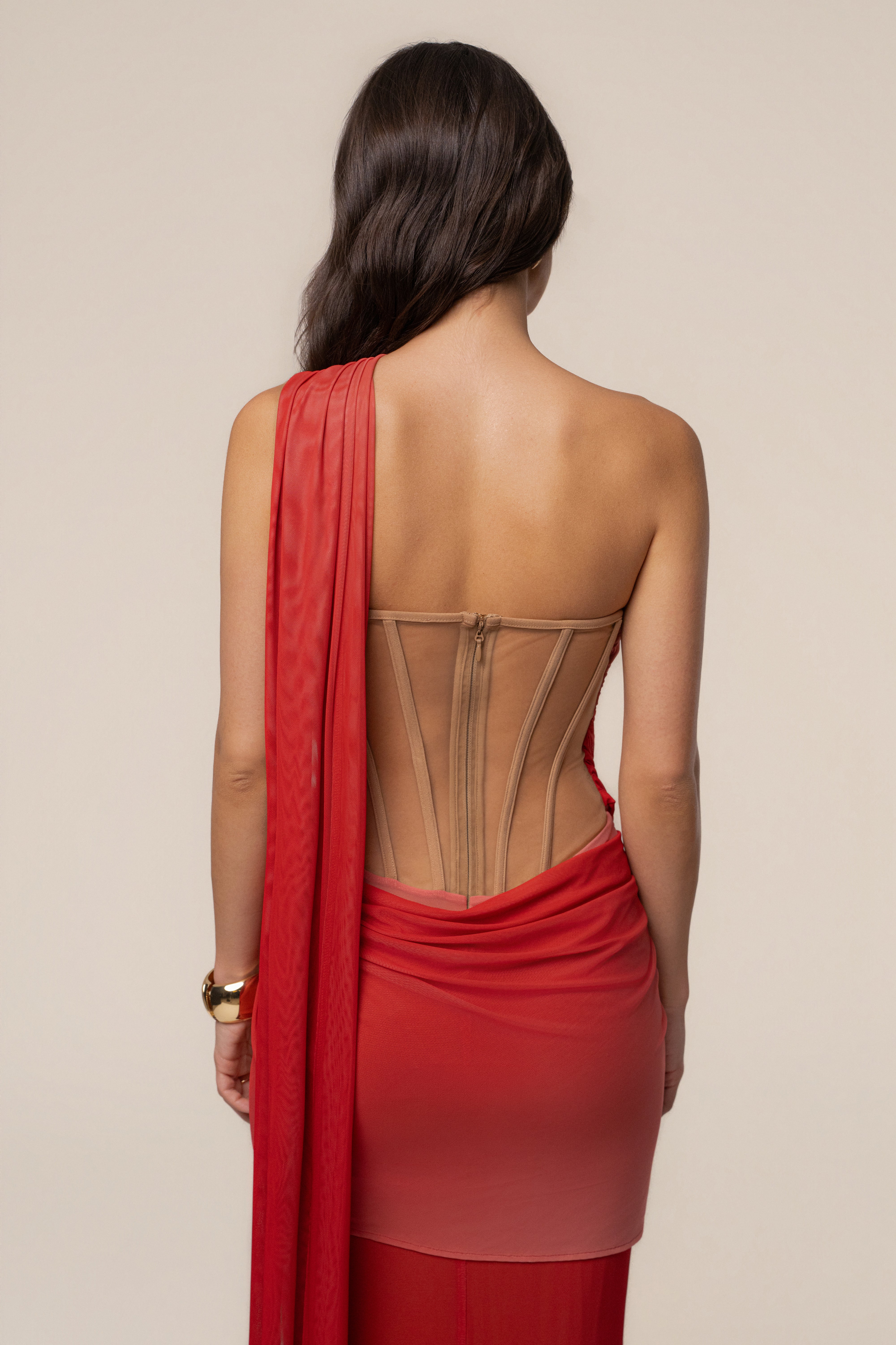 JLUXLABEL Terra Sol Empress of Hearts mesh gown, elegant dress with intricate detailing and flowing fabric, showcased on a model.