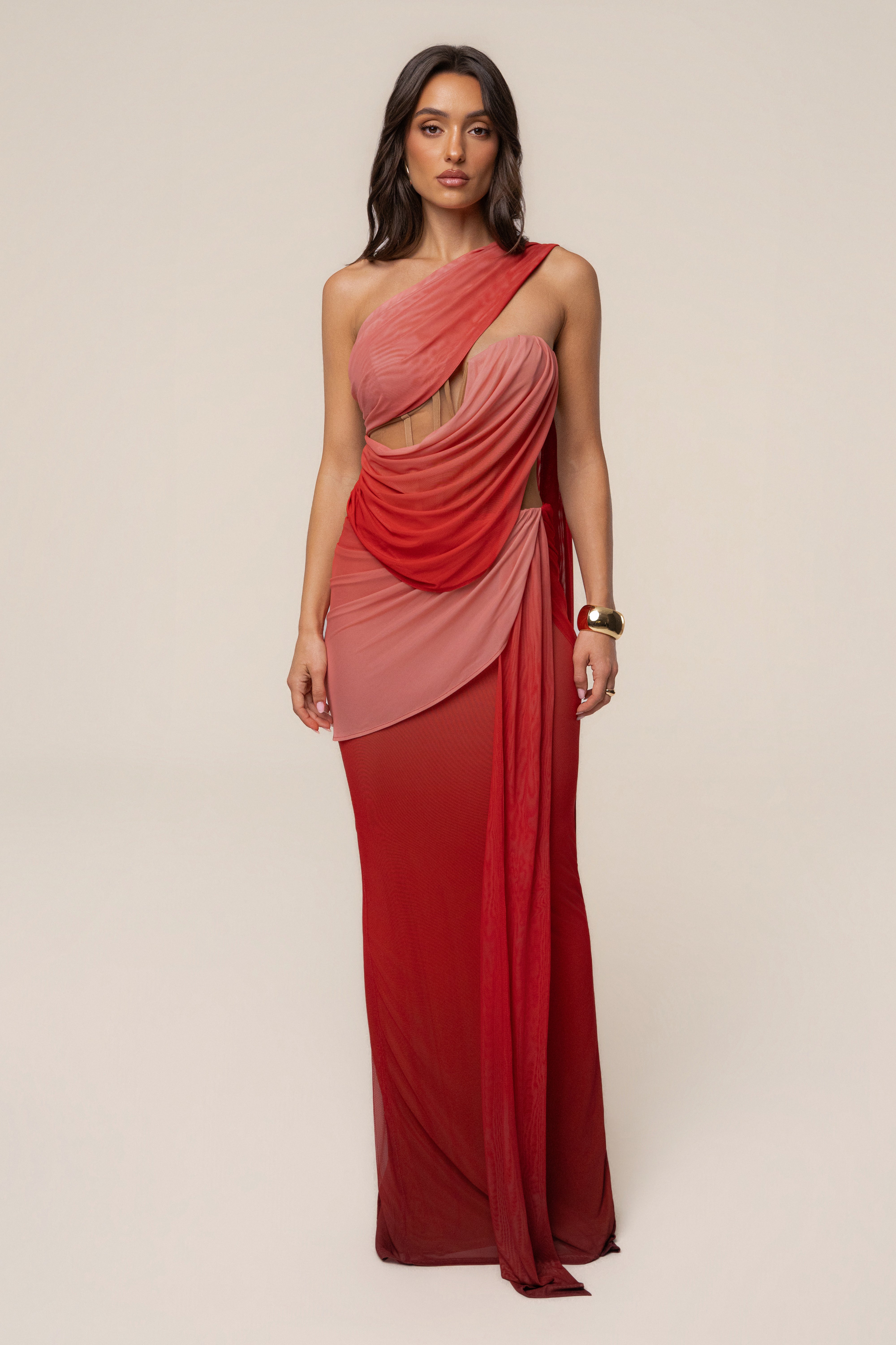 JLUXLABEL Terra Sol Empress of Hearts mesh gown, elegant dress with intricate details and flowing fabric, perfect for special occasions.