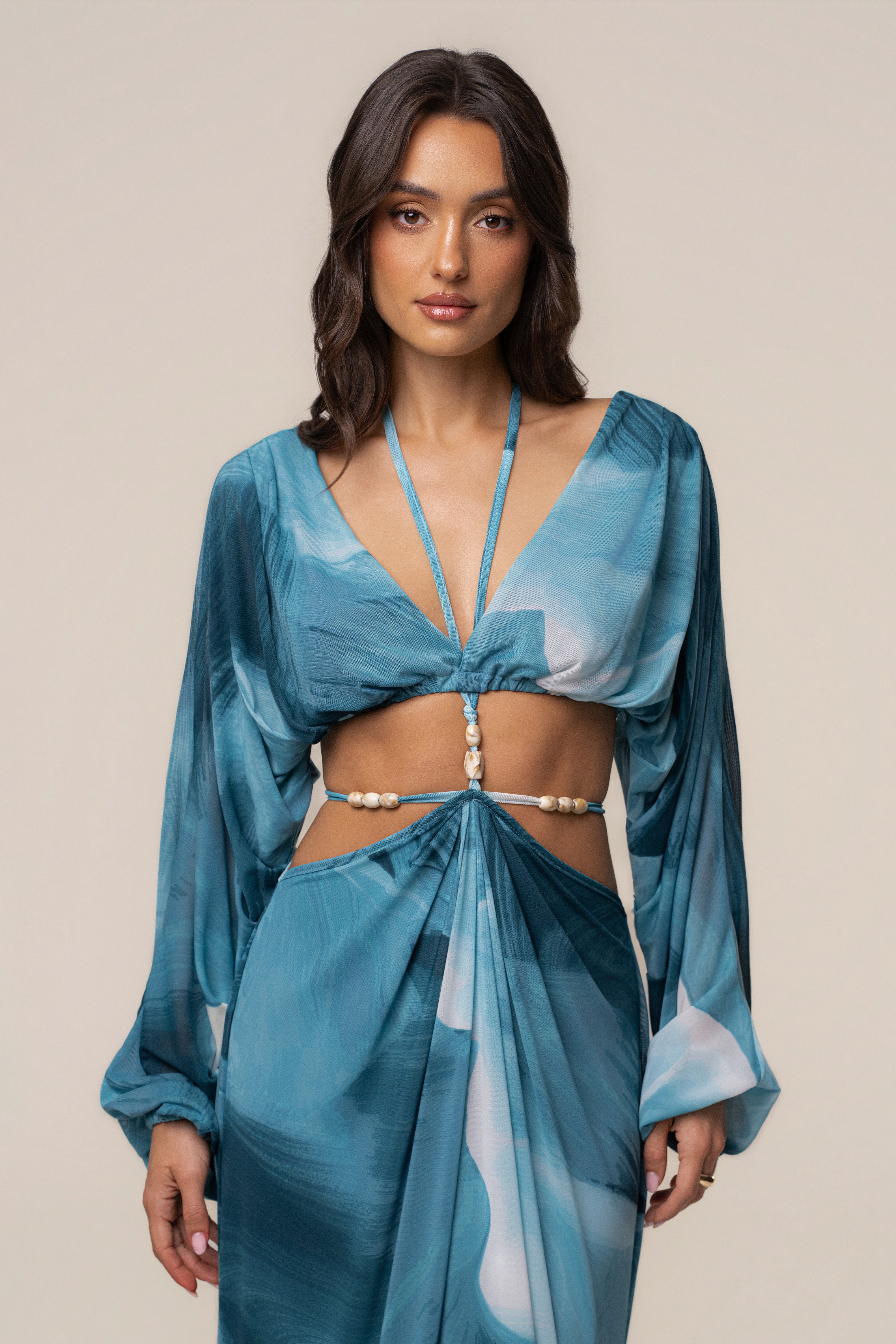 Sunset Blue Selene Draped Top by JLUXLABEL, stylish women's top with flowy fabric and elegant drape details.
