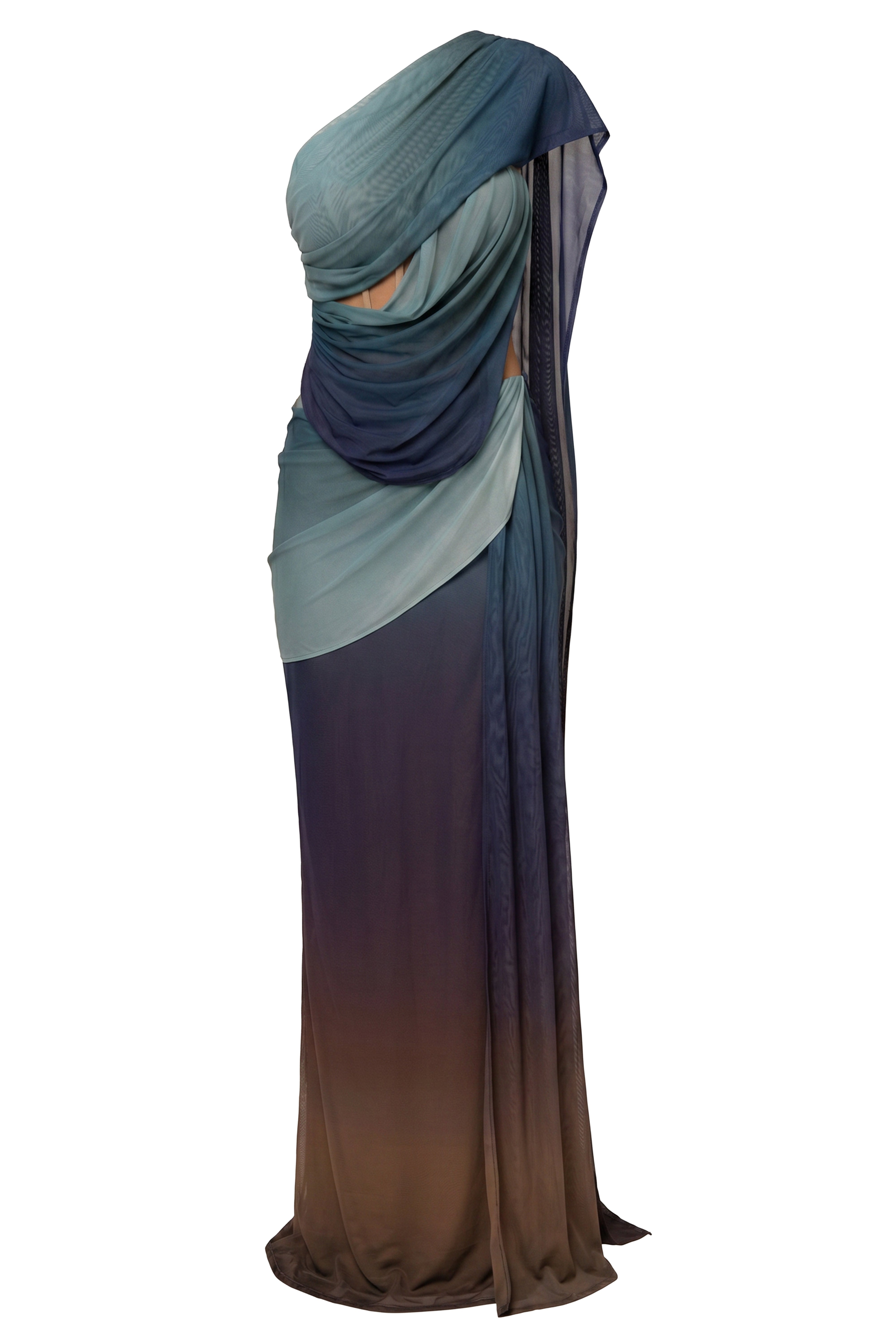 Lunar Shadow Empress of Hearts mesh gown by JLUXLABEL, elegant black dress with intricate heart patterns and sheer mesh fabric.
