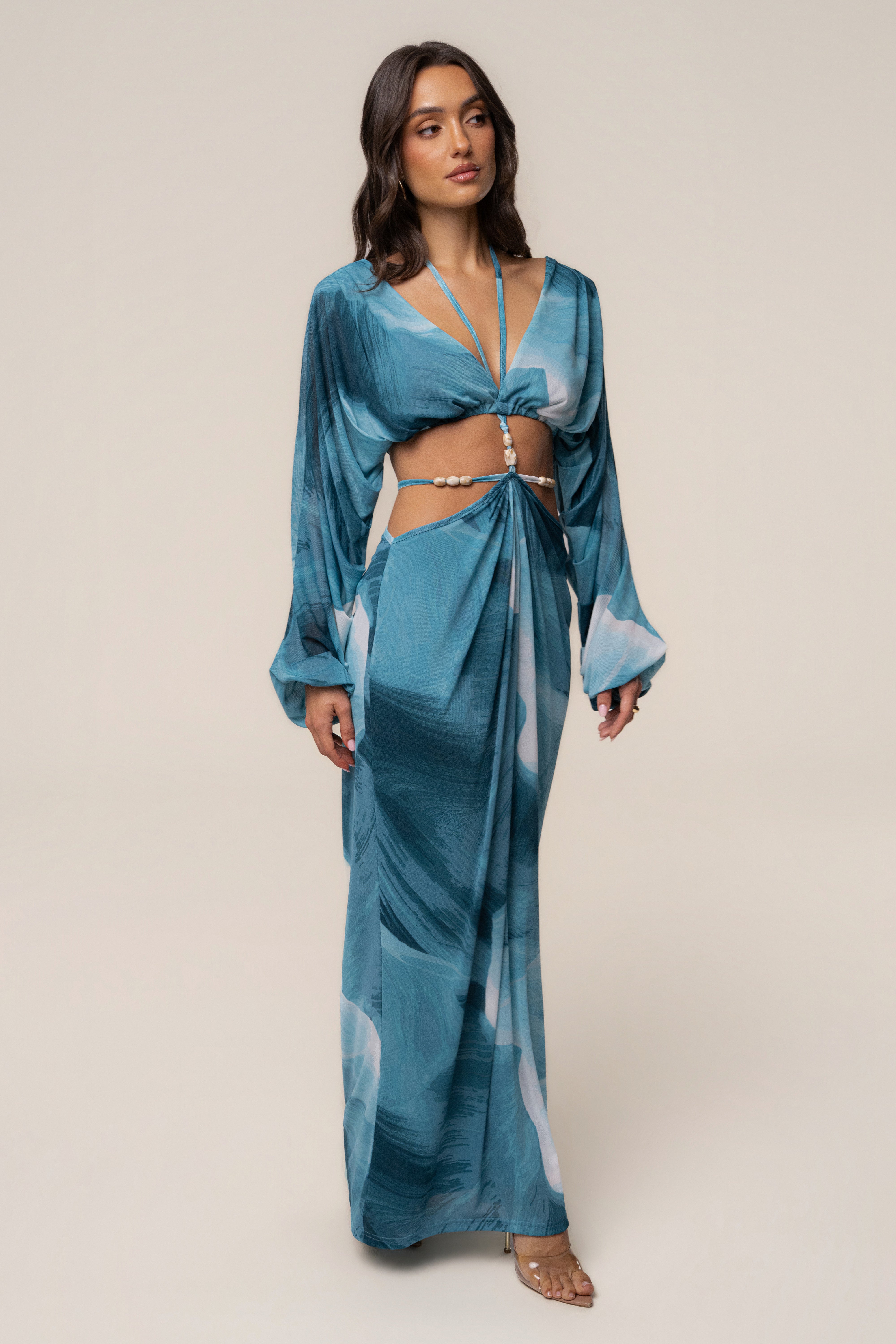 Sunset Blue Selene Draped Top by JLUXLABEL, featuring flowing fabric and elegant draping, perfect for stylish casual wear.
