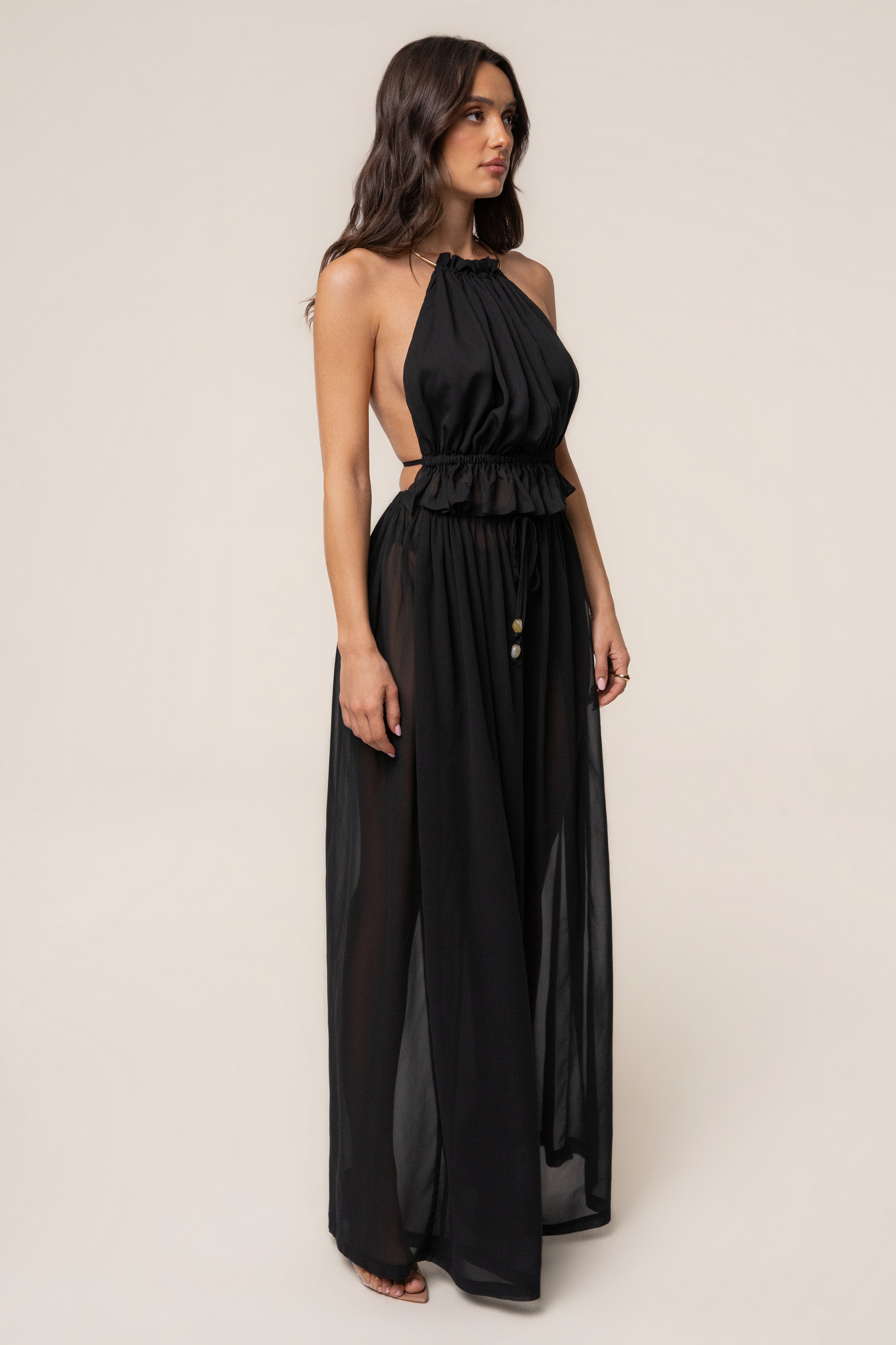 Black Resort Glow chiffon pants by JLUXLABEL, stylish bottoms with flowy fabric and relaxed fit for resort wear.