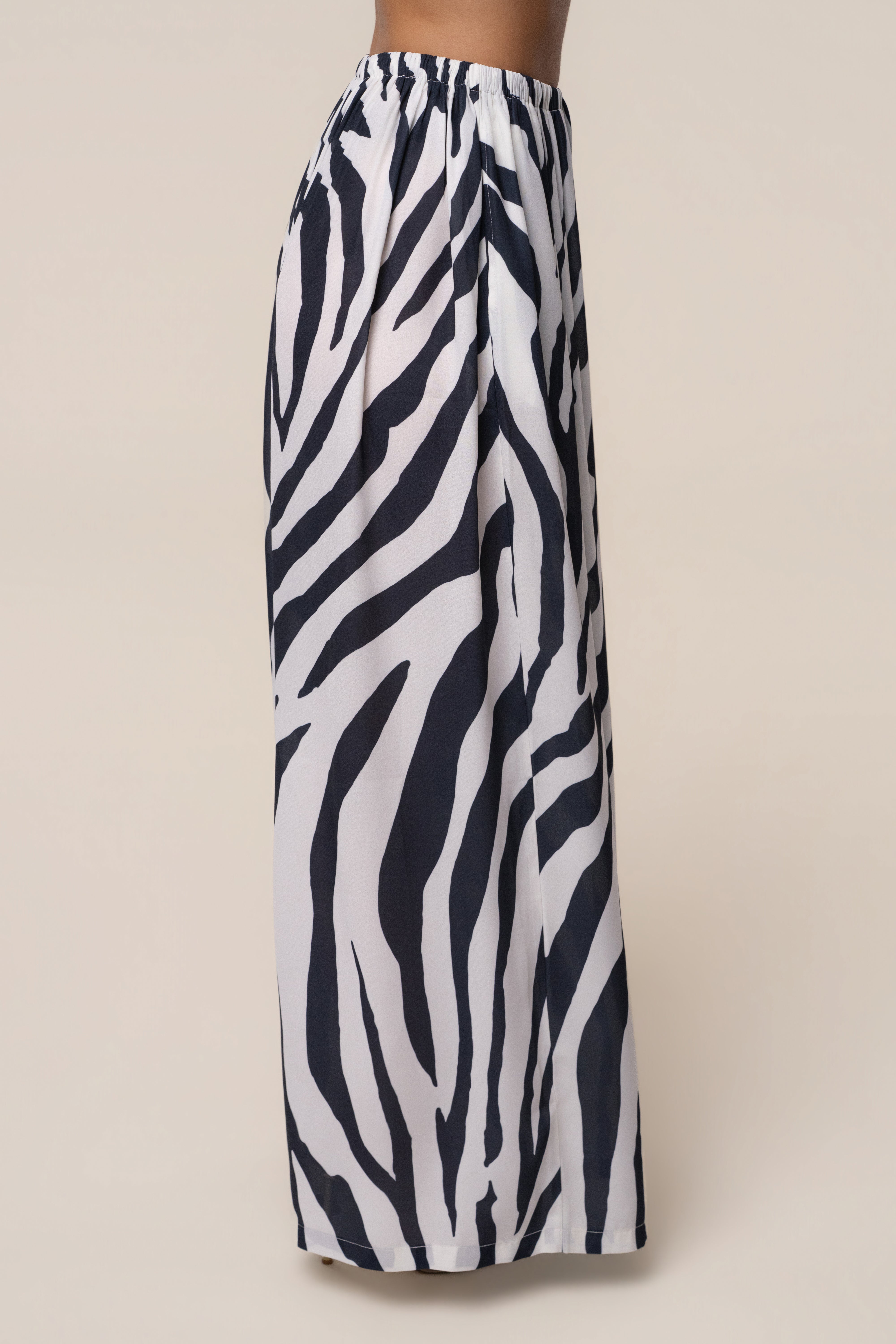 Navy zebra print chiffon resort glow bottoms by JLUXLABEL with flowing, lightweight fabric and relaxed fit.