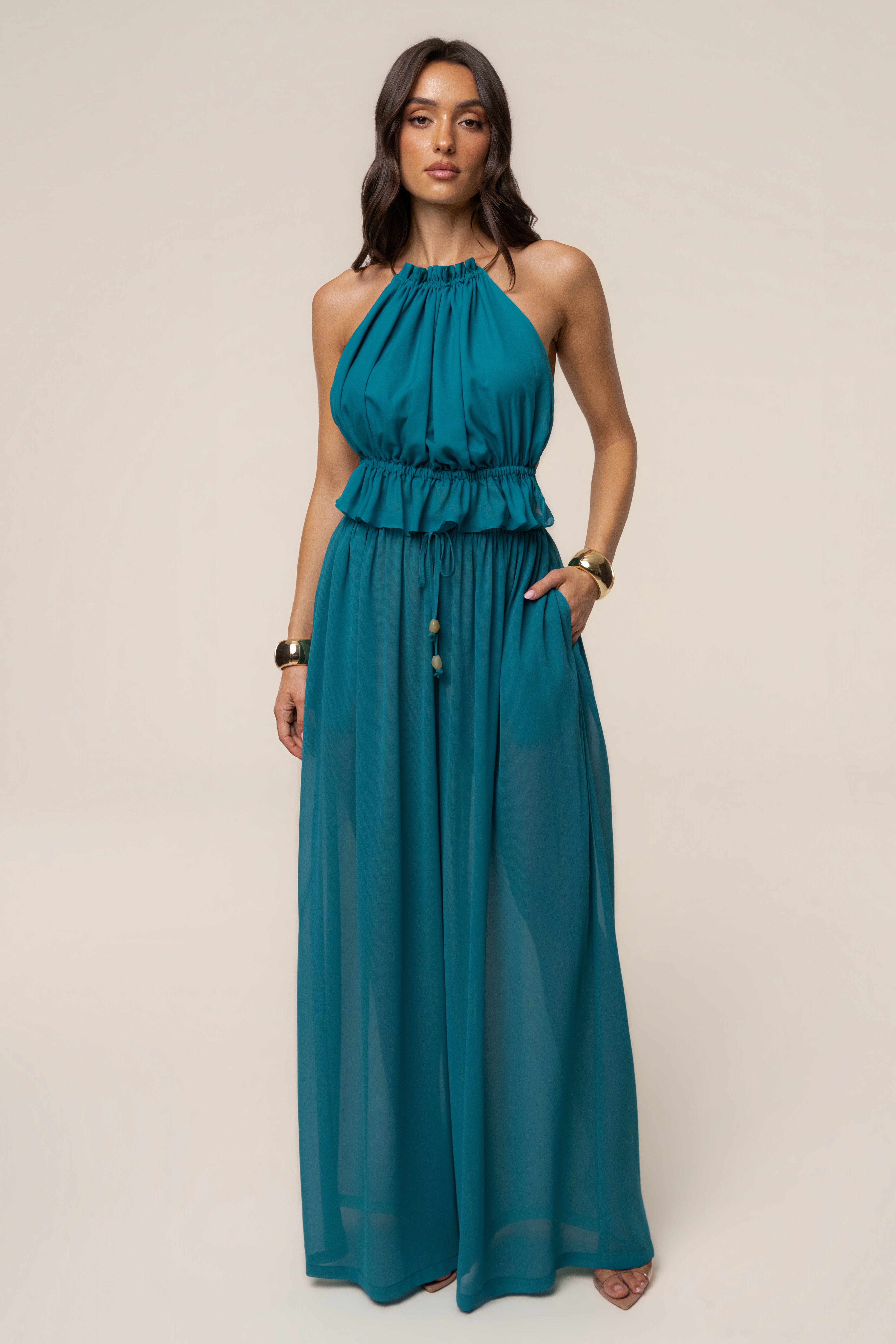 JLUXLABEL Aqua Resort Glow Chiffon Pant, stylish lightweight bottoms with a flowing chiffon fabric, perfect for summer wear.
