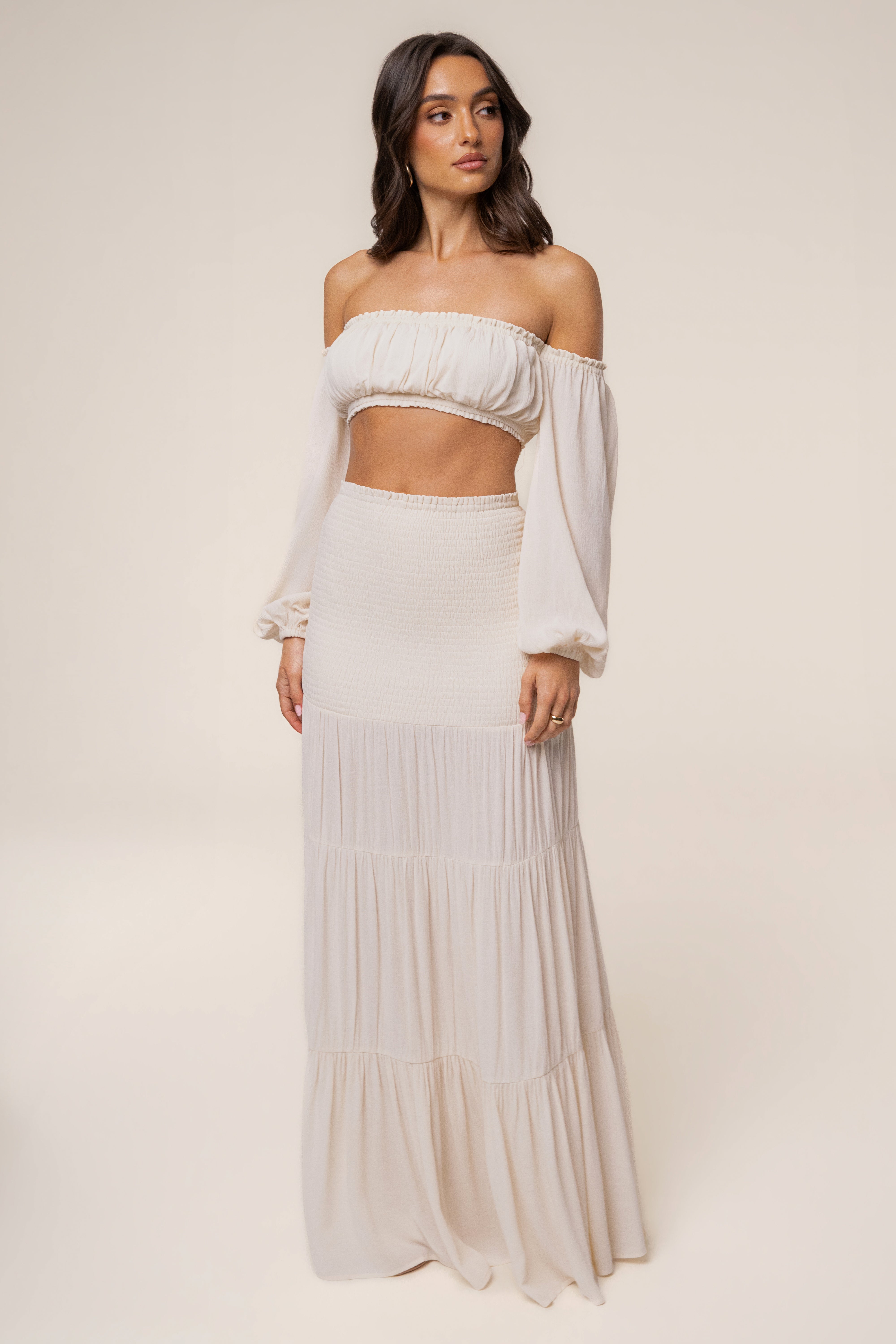 Ivory Solana skirt set by JLUXLABEL featuring a stylish matching top and skirt, perfect for casual or dressy occasions.