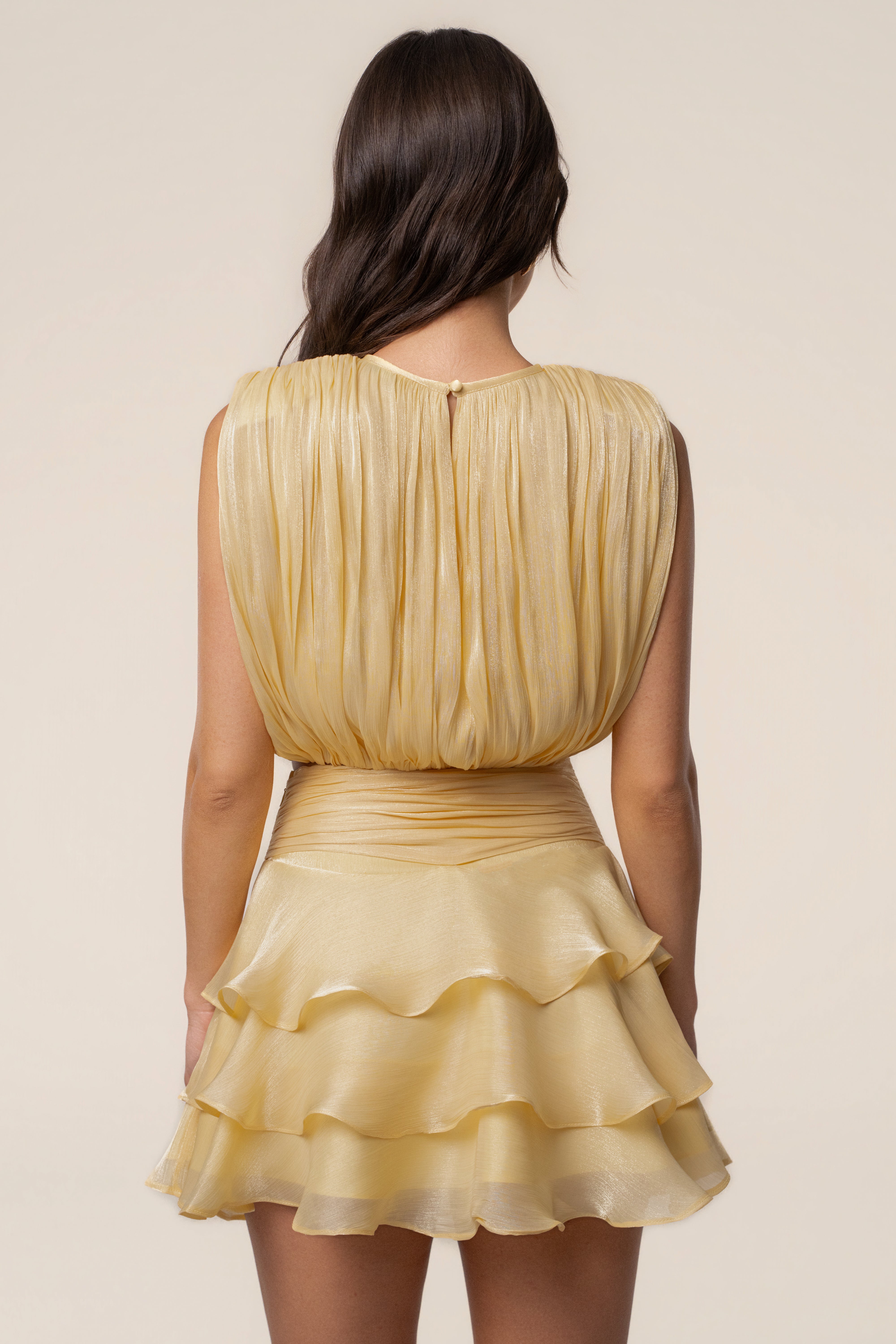 Yellow Sky Draped Skirt Set by JLUXLABEL featuring a flowing skirt and matching top, styled for a chic, modern look.