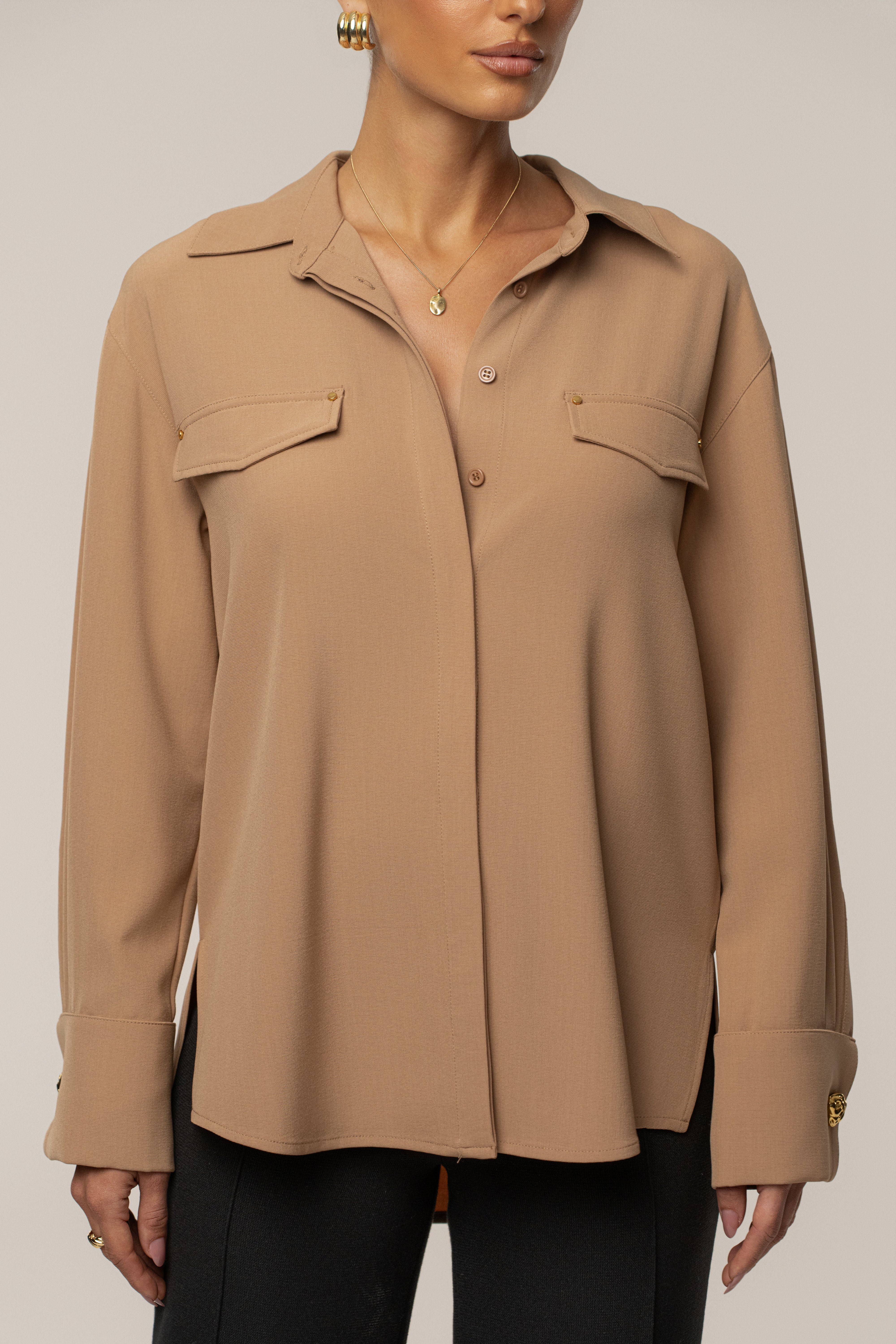Tan Stella Button Up Shirt - JLUXLABEL