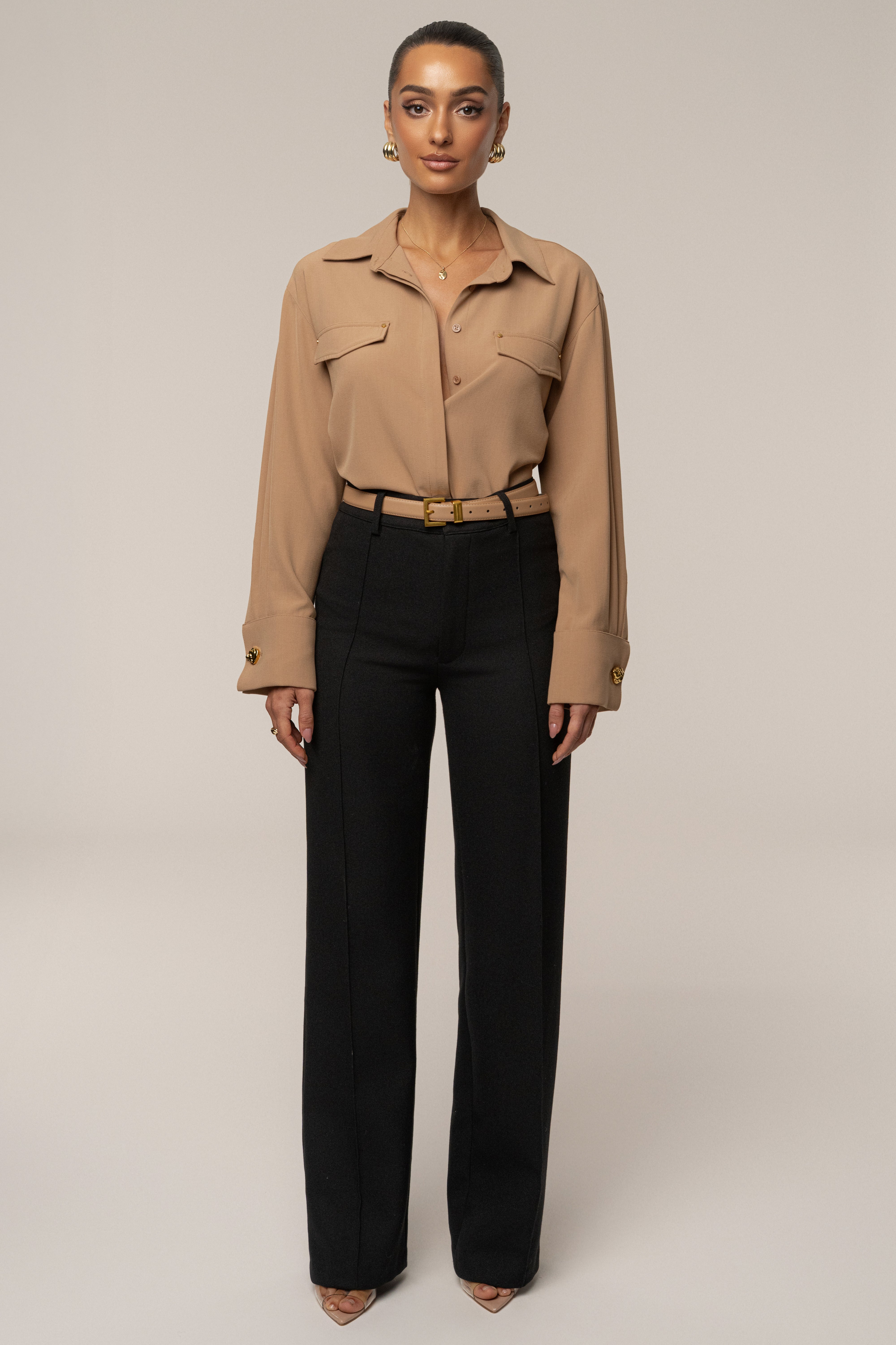 Tan Stella Button Up Shirt - JLUXLABEL