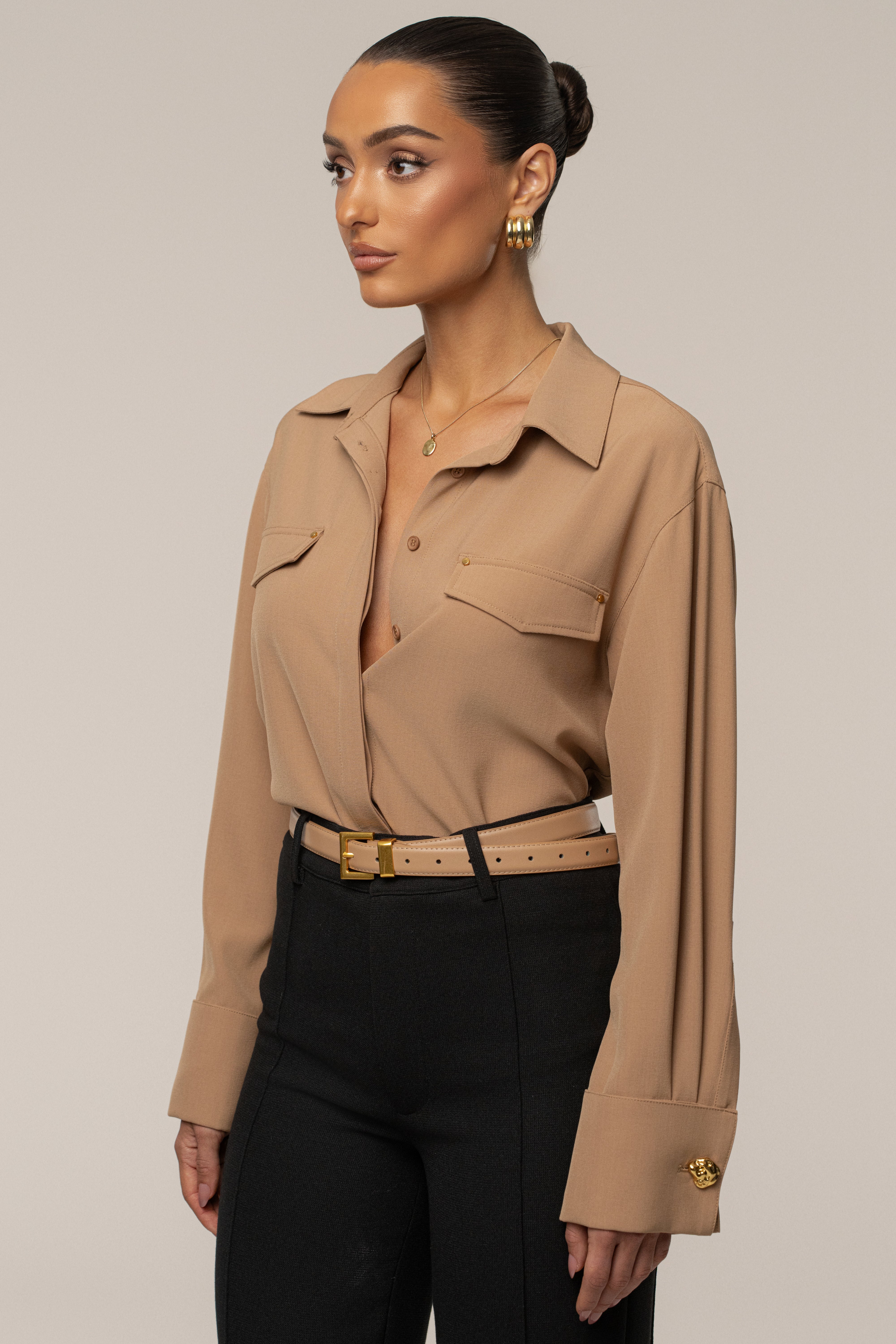 Tan Stella Button Up Shirt - JLUXLABEL