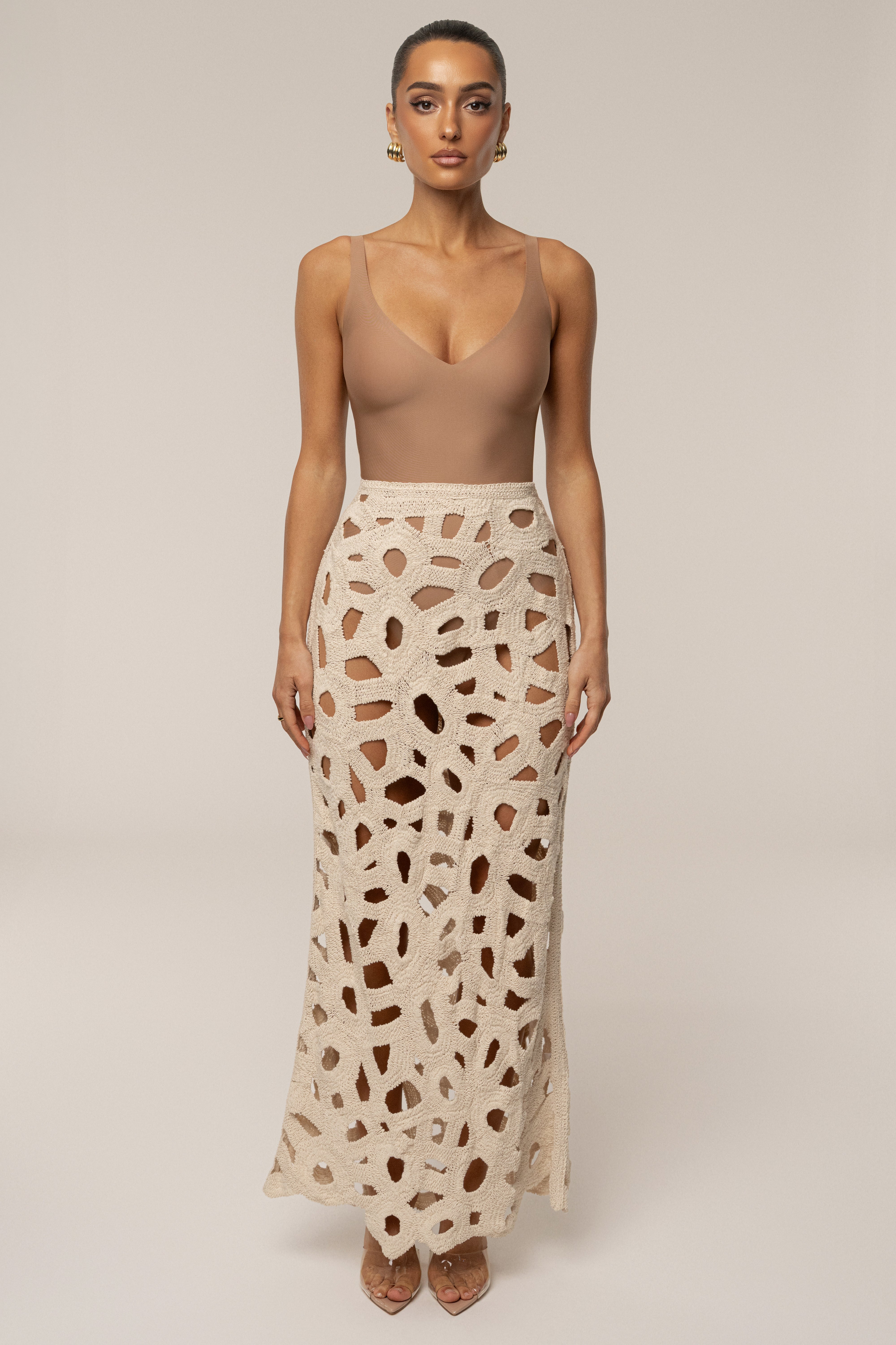 Ecru Coastal Breeze Crochet Maxi Skirt - JLUXLABEL