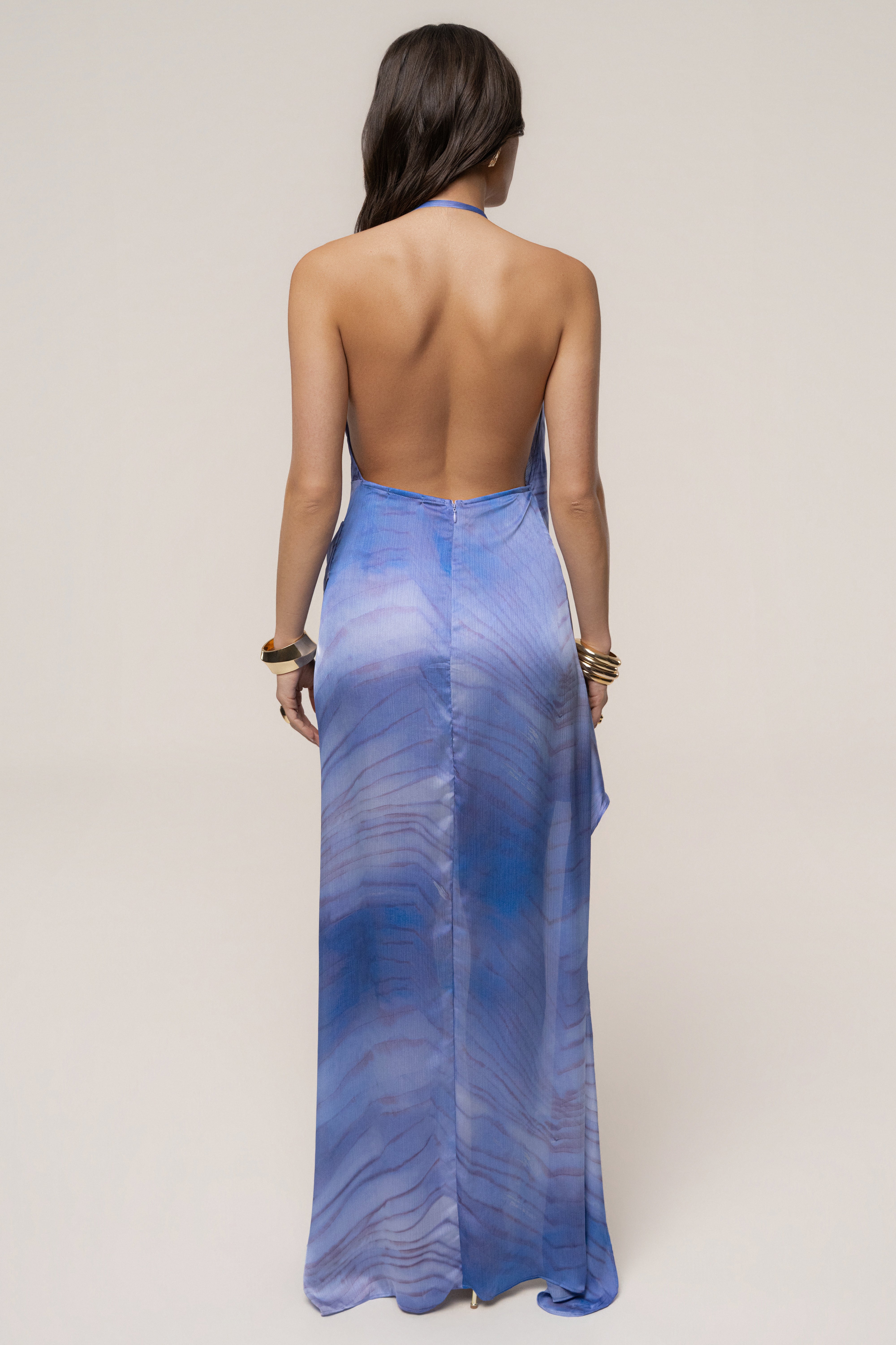 Blue and purple Cleo draped halter dress by JLUXLABEL, featuring a flowing design with elegant draping and halter neckline.