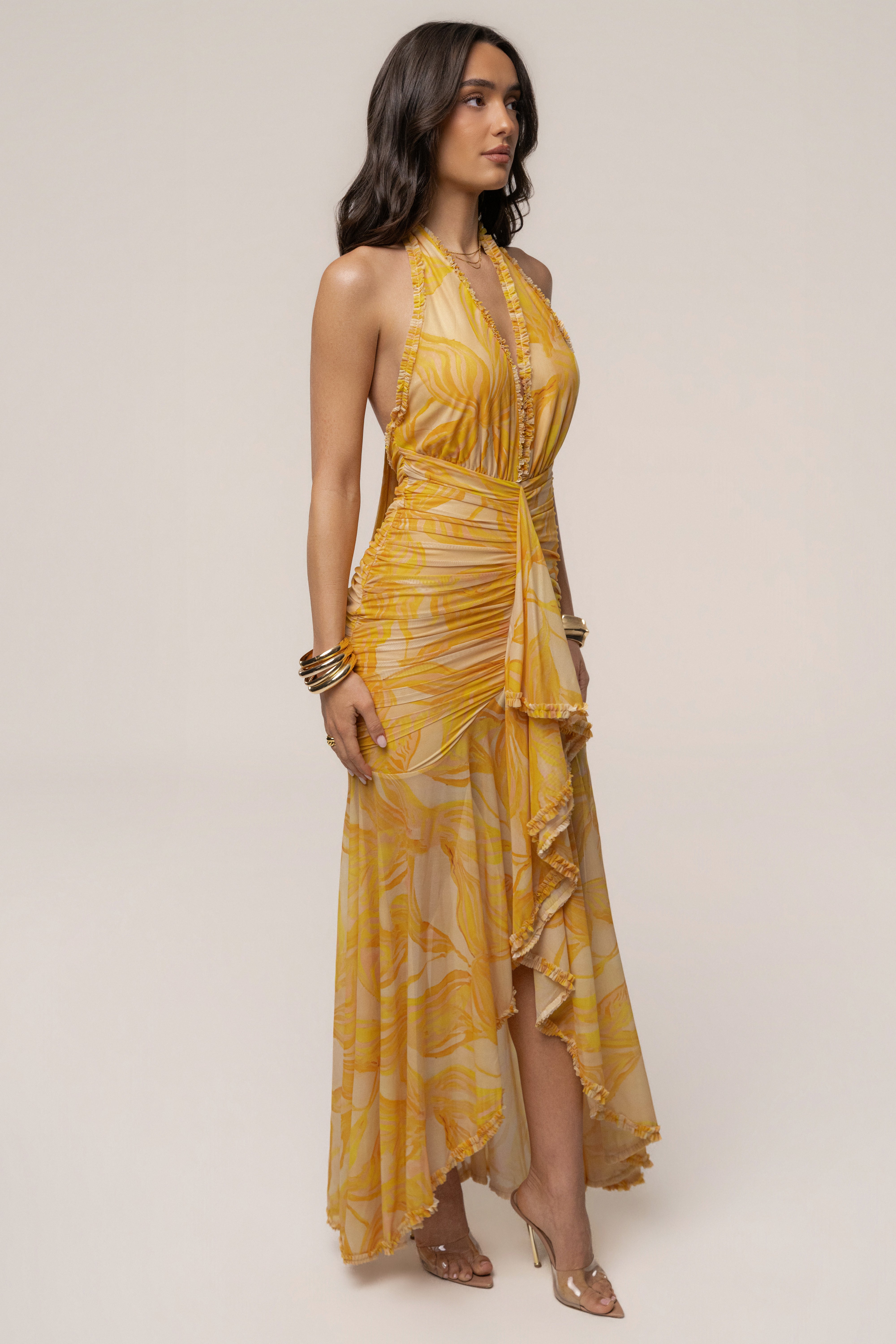 Yellow Paradise Glow maxi dress by JLUXLABEL featuring a flowing silhouette and vibrant color, perfect for summer occasions.