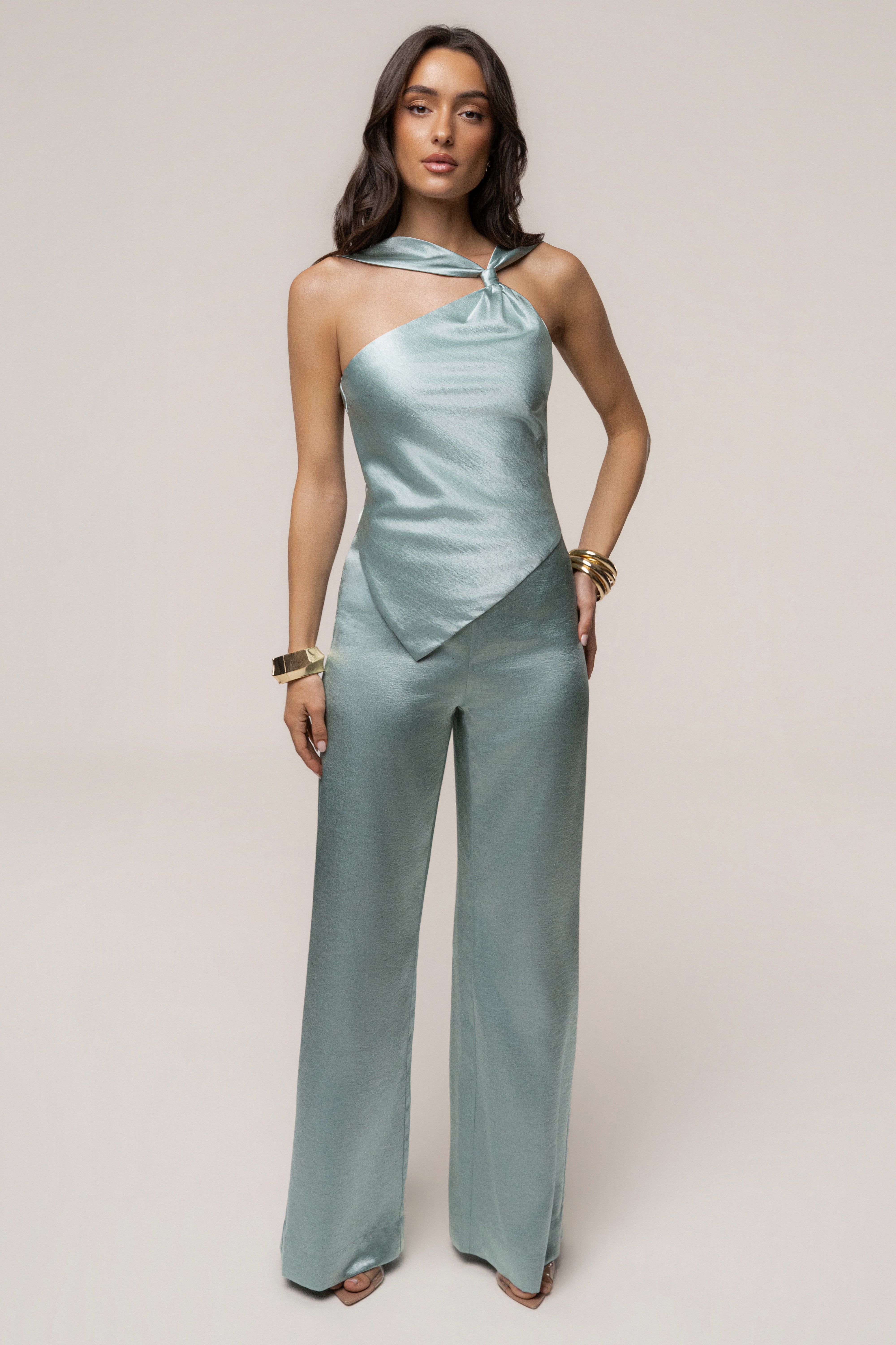 Teal JLUXLABEL Premiere one-shoulder jumpsuit with wide-legged pants, stylish and elegant for modern fashion looks.