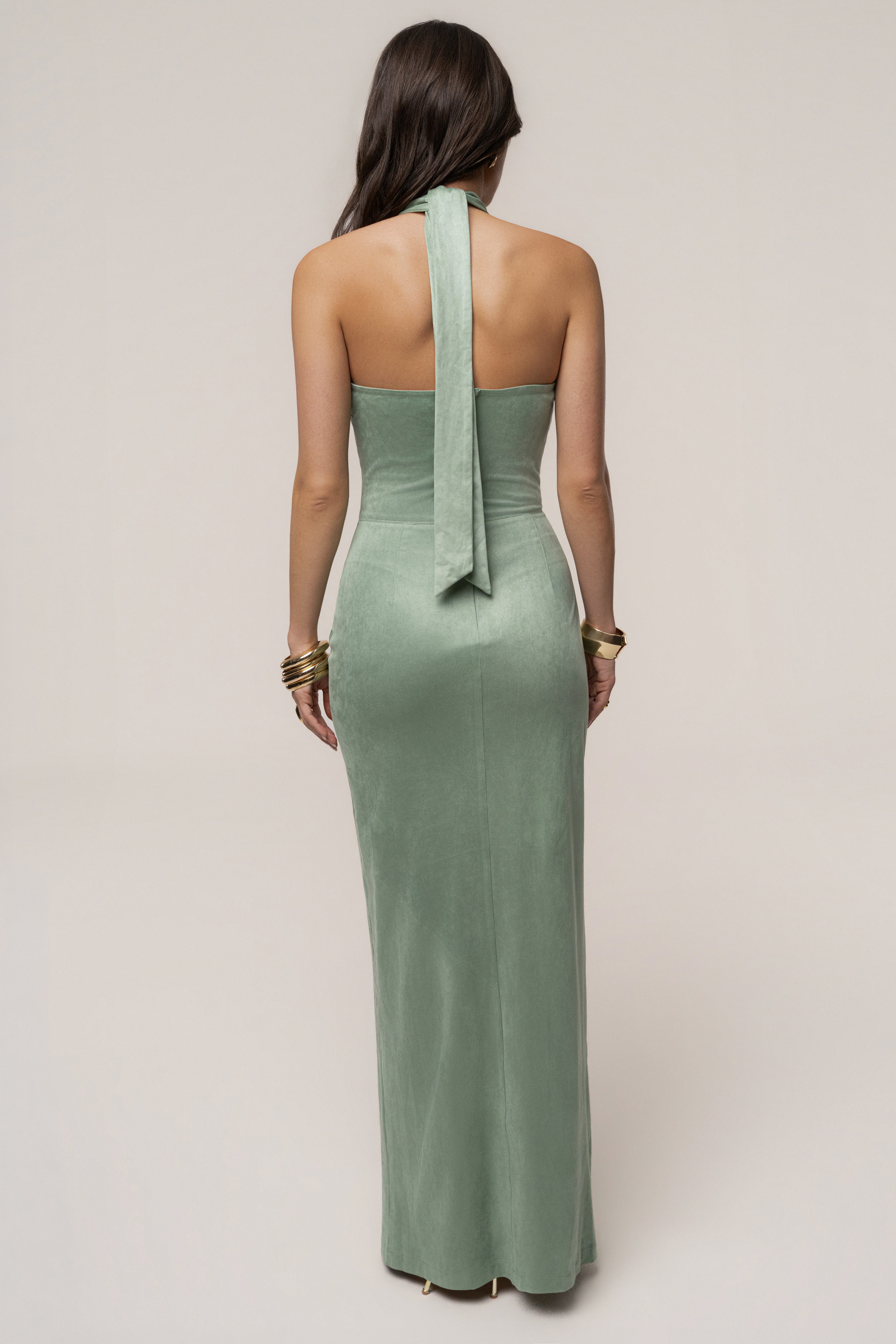Seafoam Charlotte halter maxi dress by JLUXLABEL, flowing fabric with a halter neckline and elegant design, perfect for summer occasions.