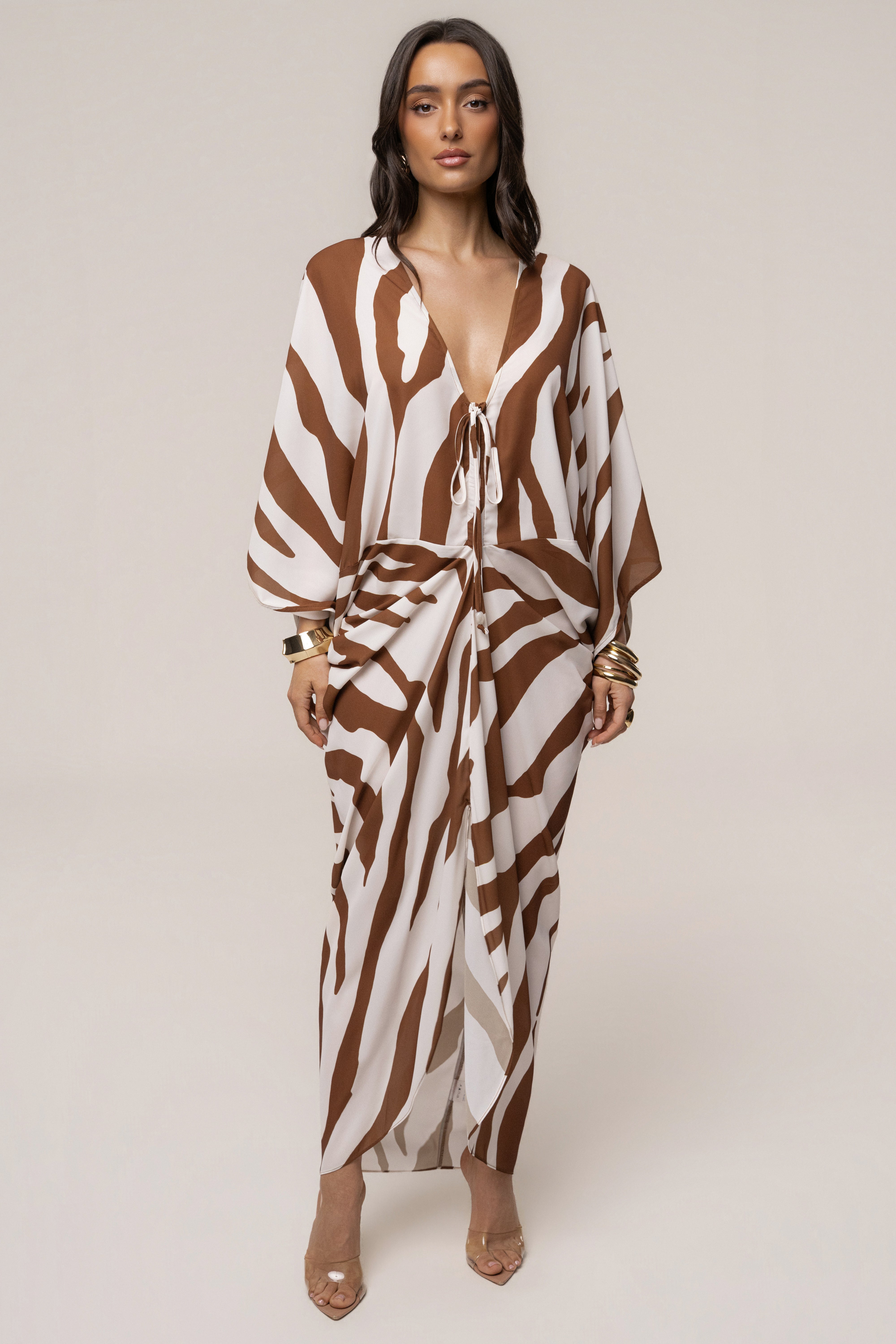 Brown Zebra Longer Days Cover Up Dress by JLUXLABEL, flowing dress with zebra print fabric, lightweight and stylish for warm weather.
