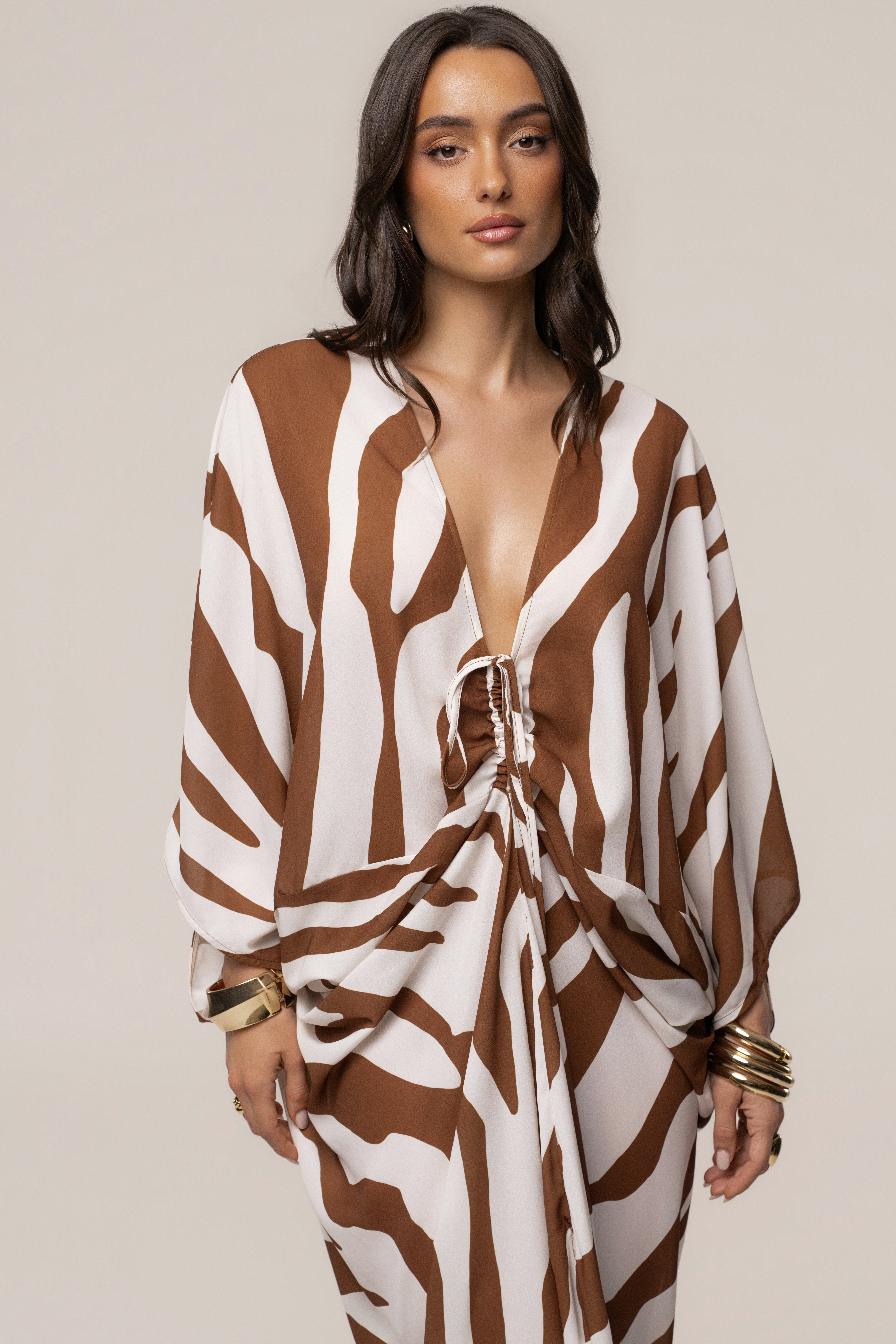 Brown Zebra Longer Days Cover Up Dress by JLUXLABEL, flowing lightweight dress with zebra print, perfect for beach or casual wear.