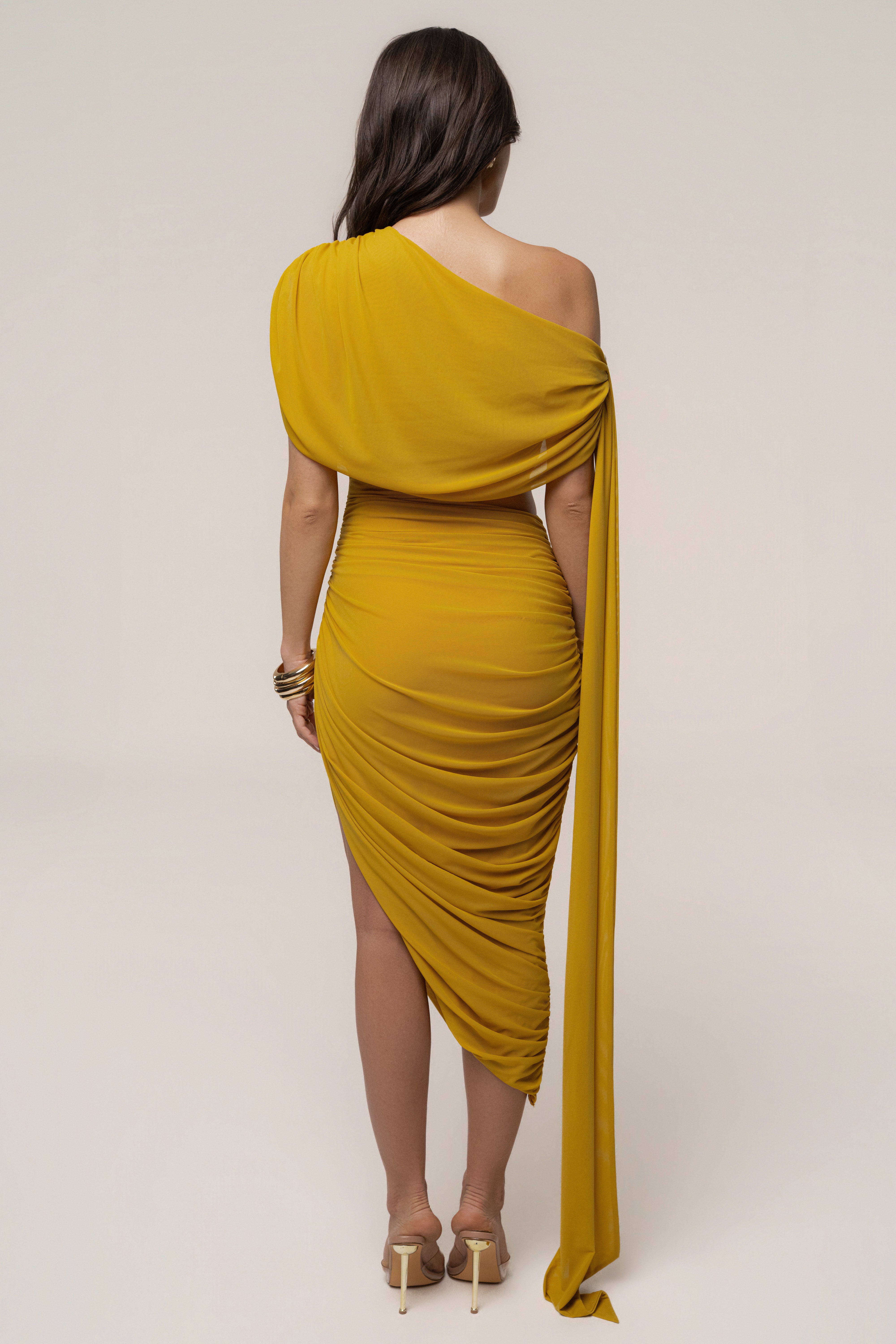 Mustard Aris cutout midi dress by JLUXLABEL, stylish dress with cutout details, perfect for chic and trendy occasions.