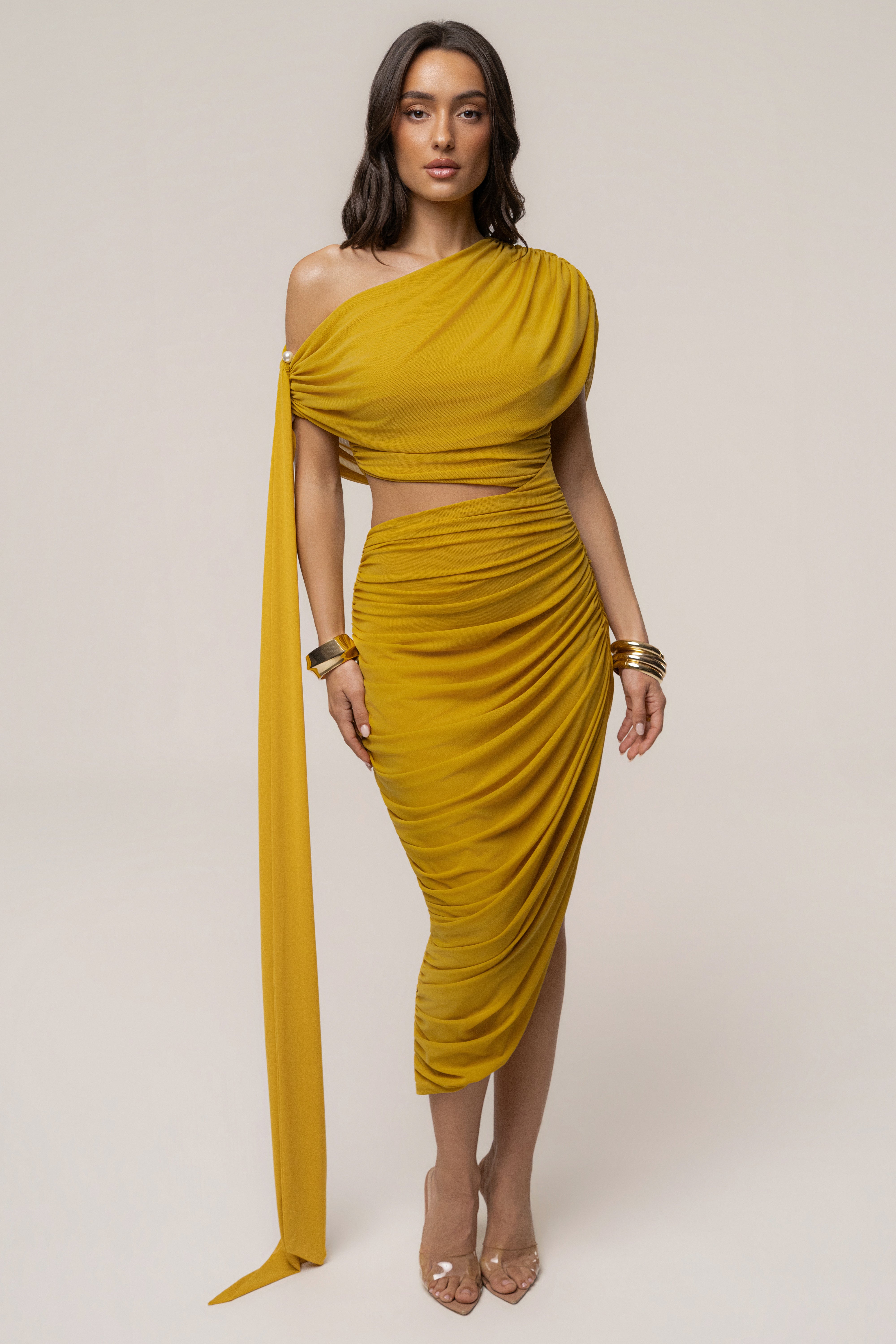Mustard Aris Cutout Midi Dress by JLUXLABEL, showcasing a stylish dress with cutout details and a midi length.