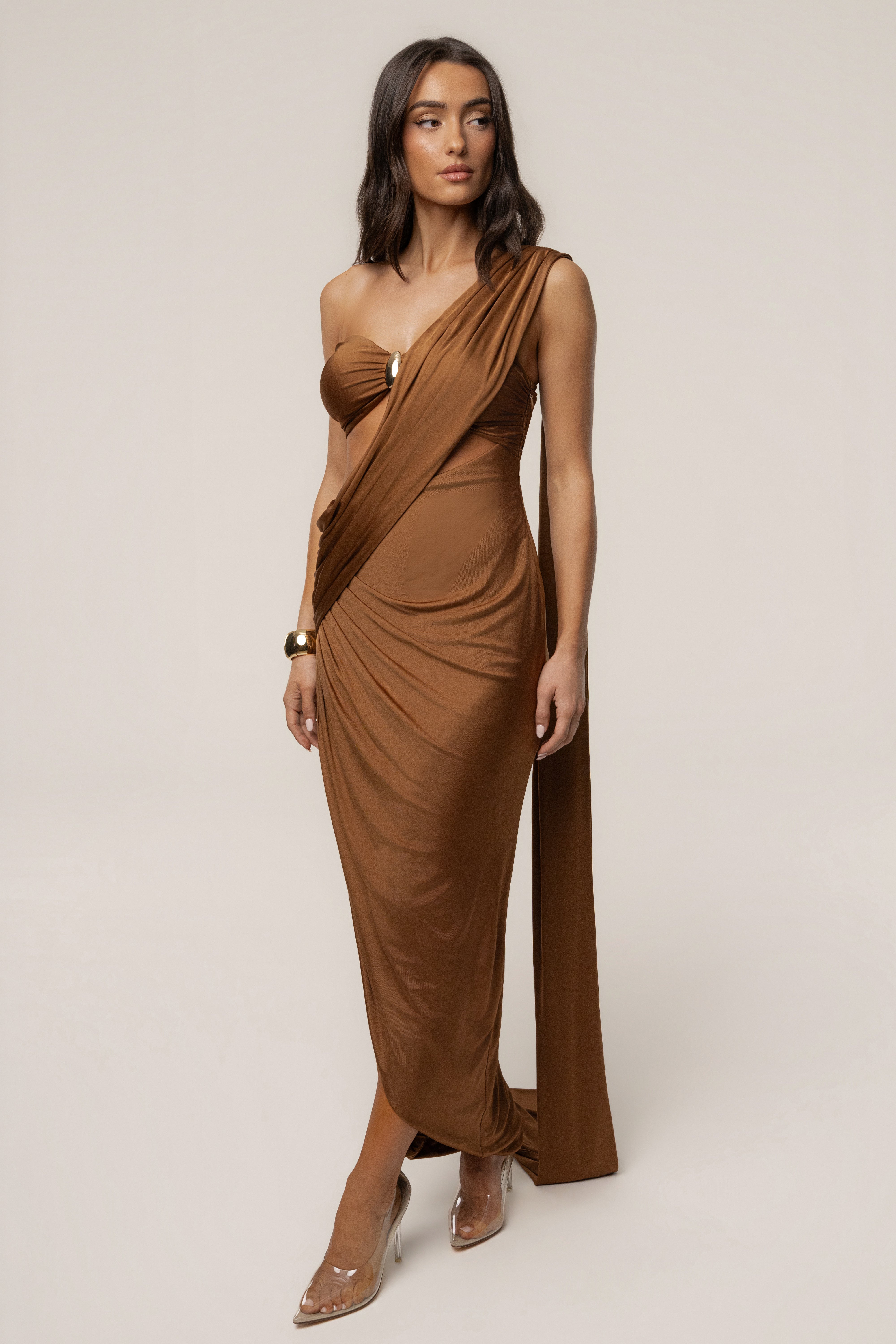 Tan Love And Legacy Draped Dress - JLUXLABEL