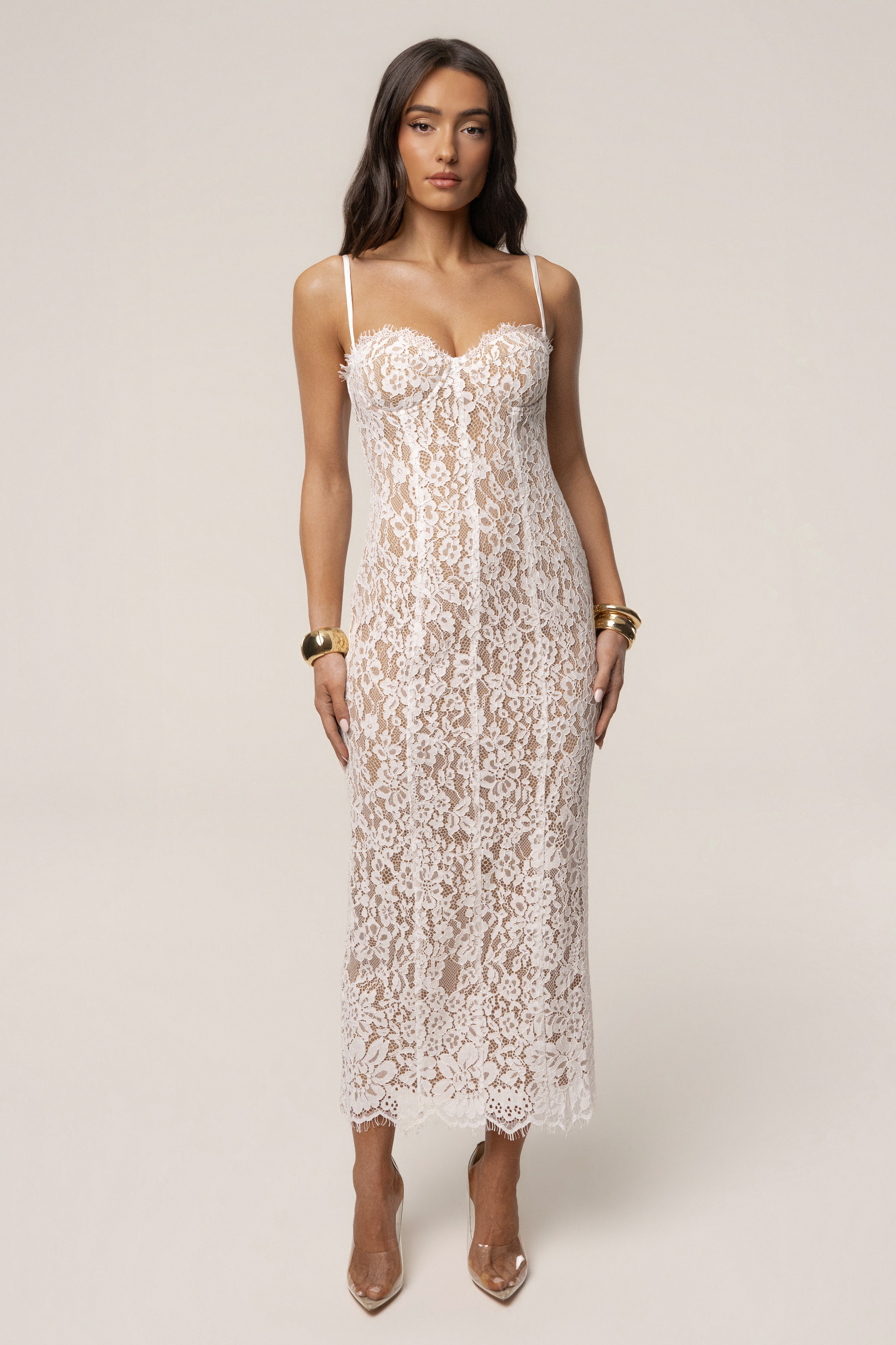 White Love Reign Lace Midi Dress by JLUXLABEL, front view showcasing intricate lace details and elegant midi length.